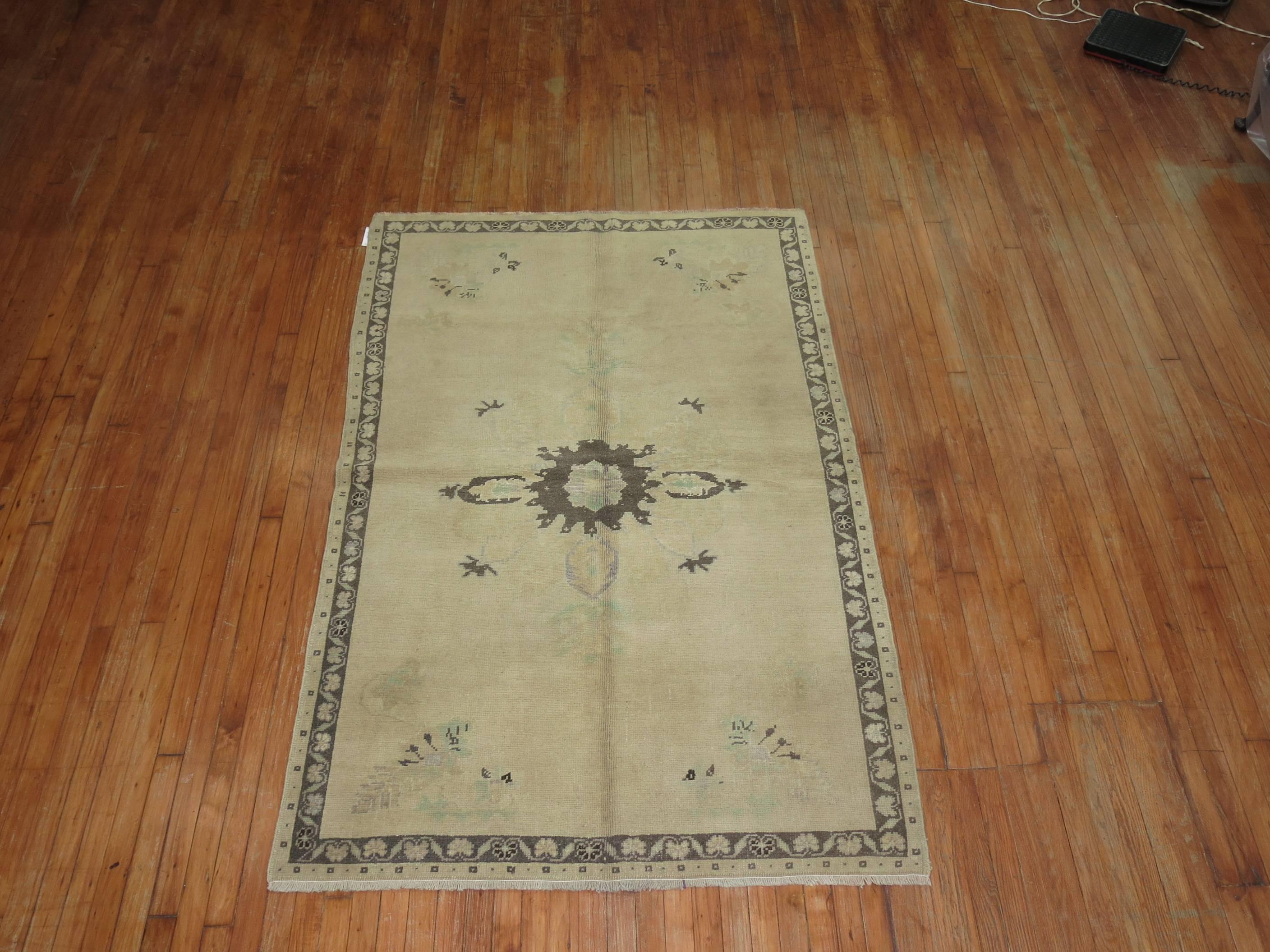 Hand-Knotted Neutral Vintage Turkish Oushak Rug 4' x 6' For Sale