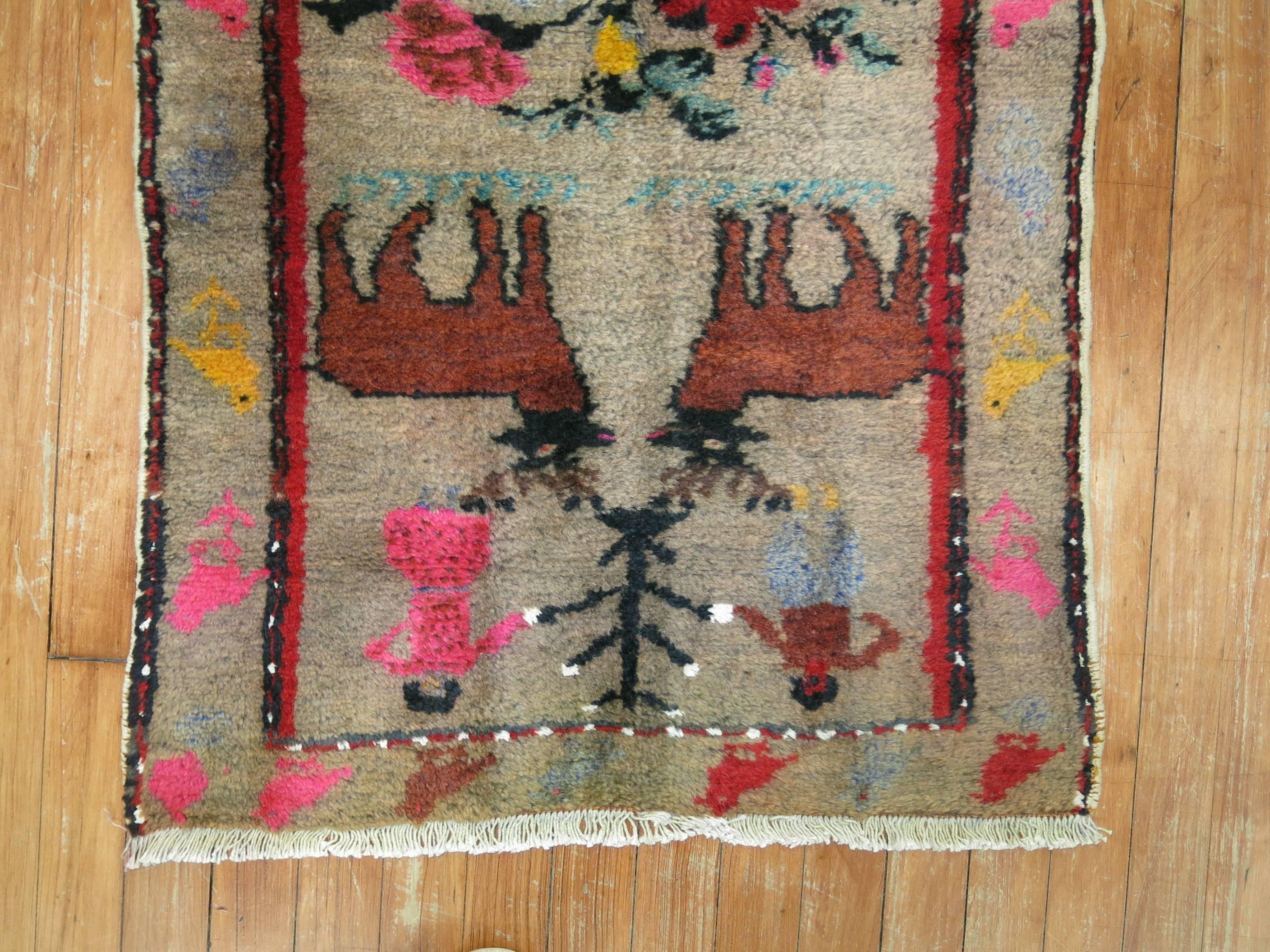 Folk Art Pictorial Animal Human Turkish Rug, Mid 20th Century For Sale