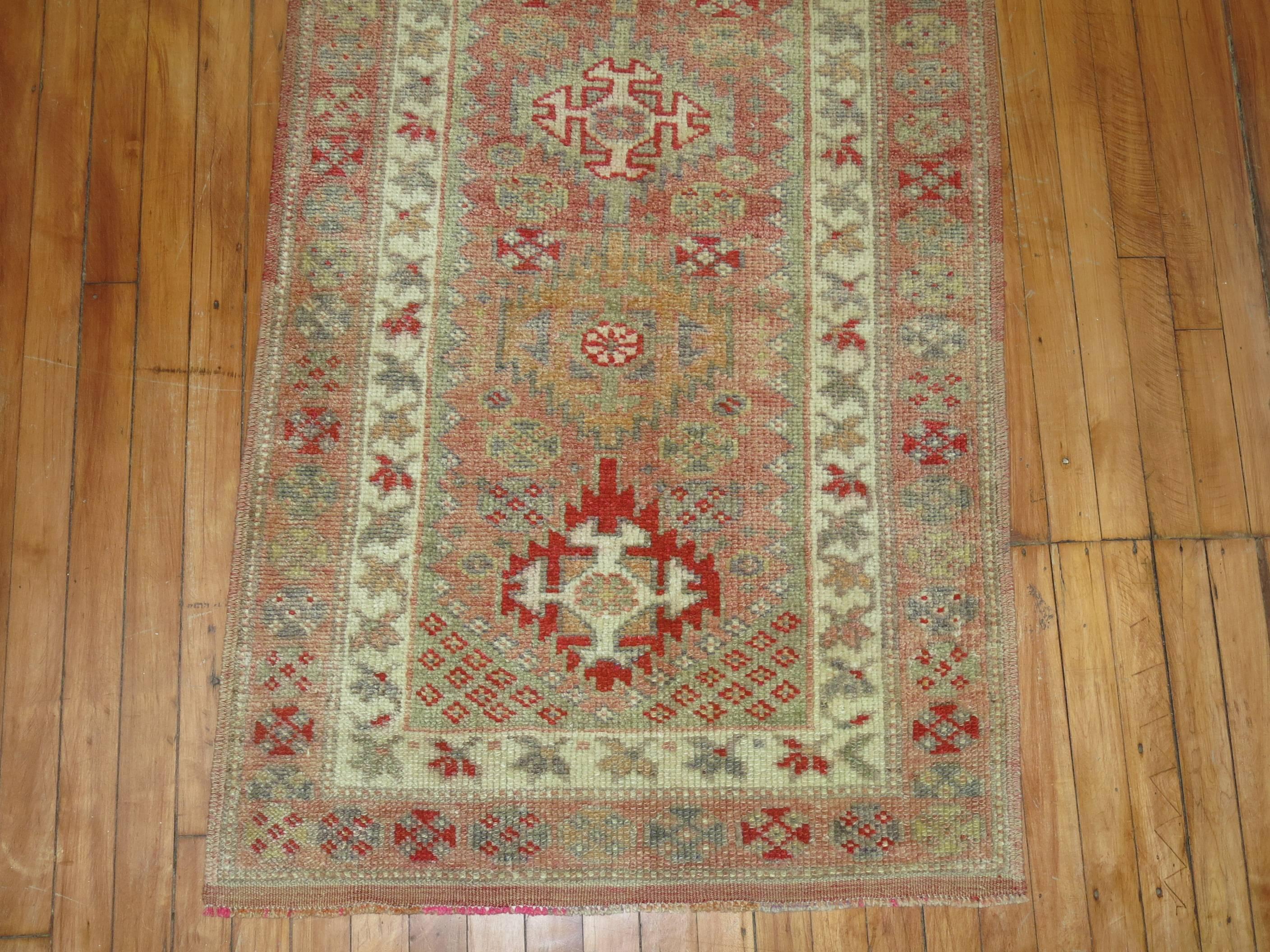 Hand-Woven Pink Background Vintage Turkish Anatolian 20th Century Primitive Runner For Sale