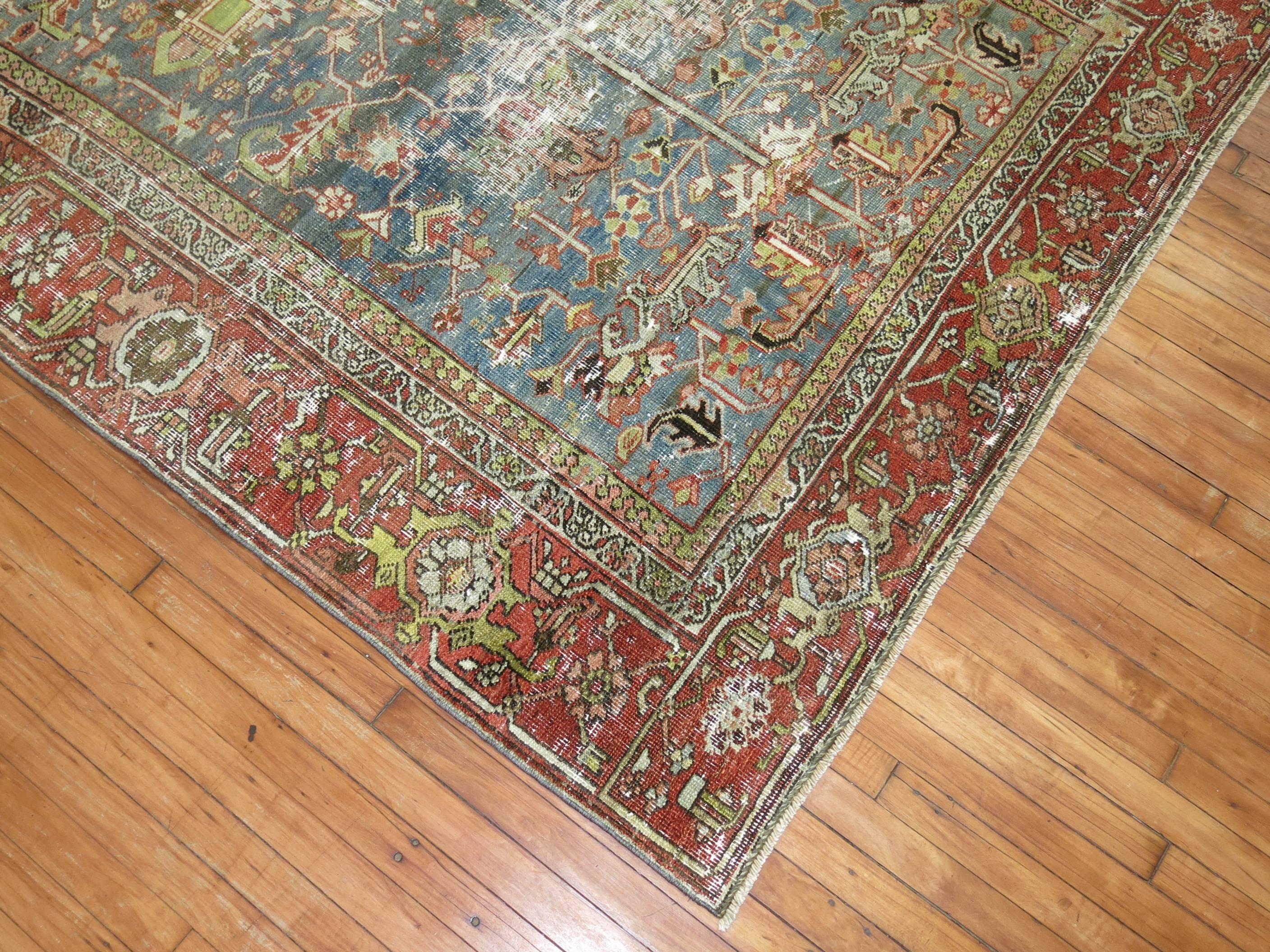 Tudor Gray Blue Field Shabby Chic Antique Textured Persian Heriz Rug