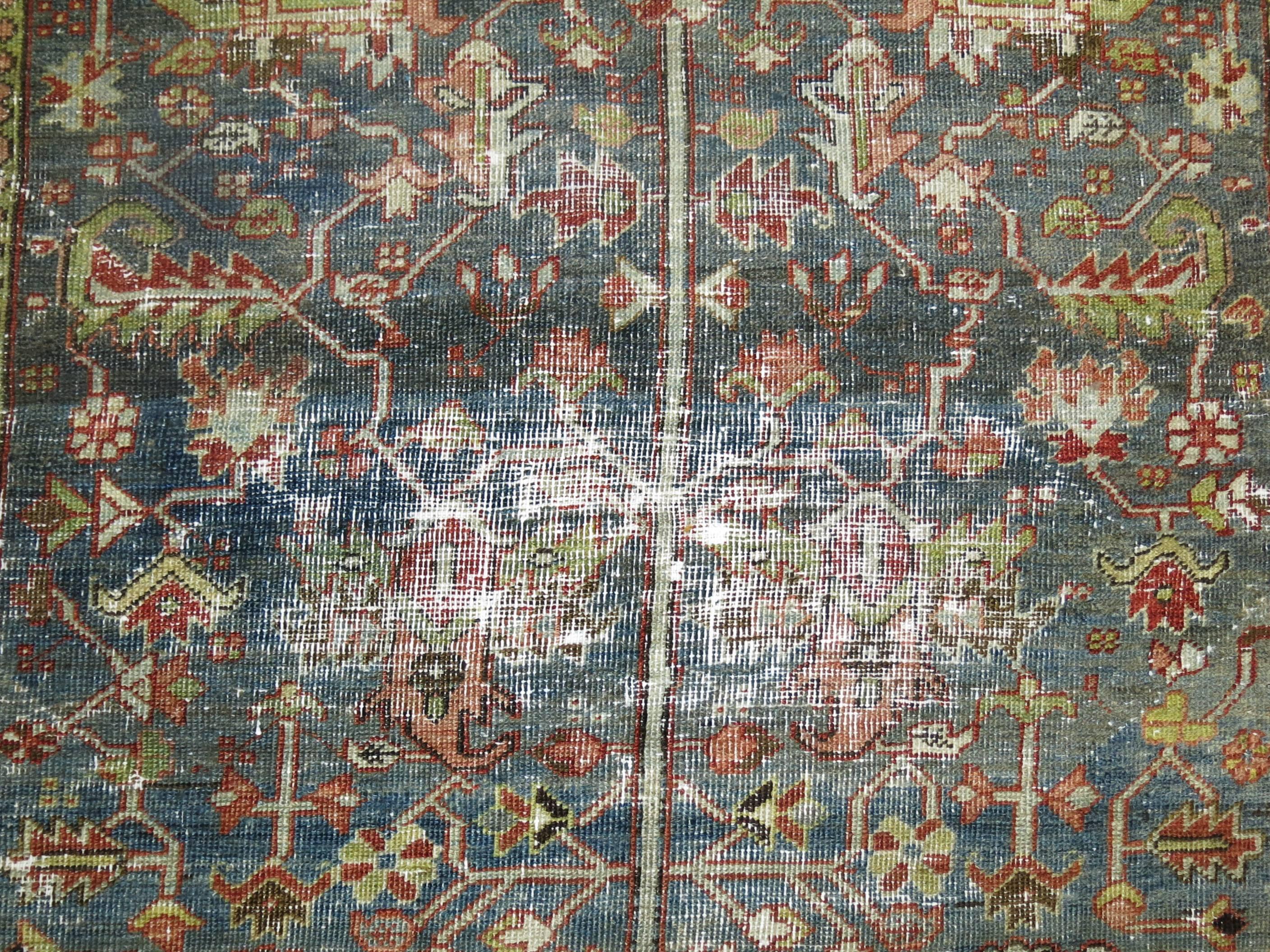Early 20th Century Gray Blue Field Shabby Chic Antique Textured Persian Heriz Rug