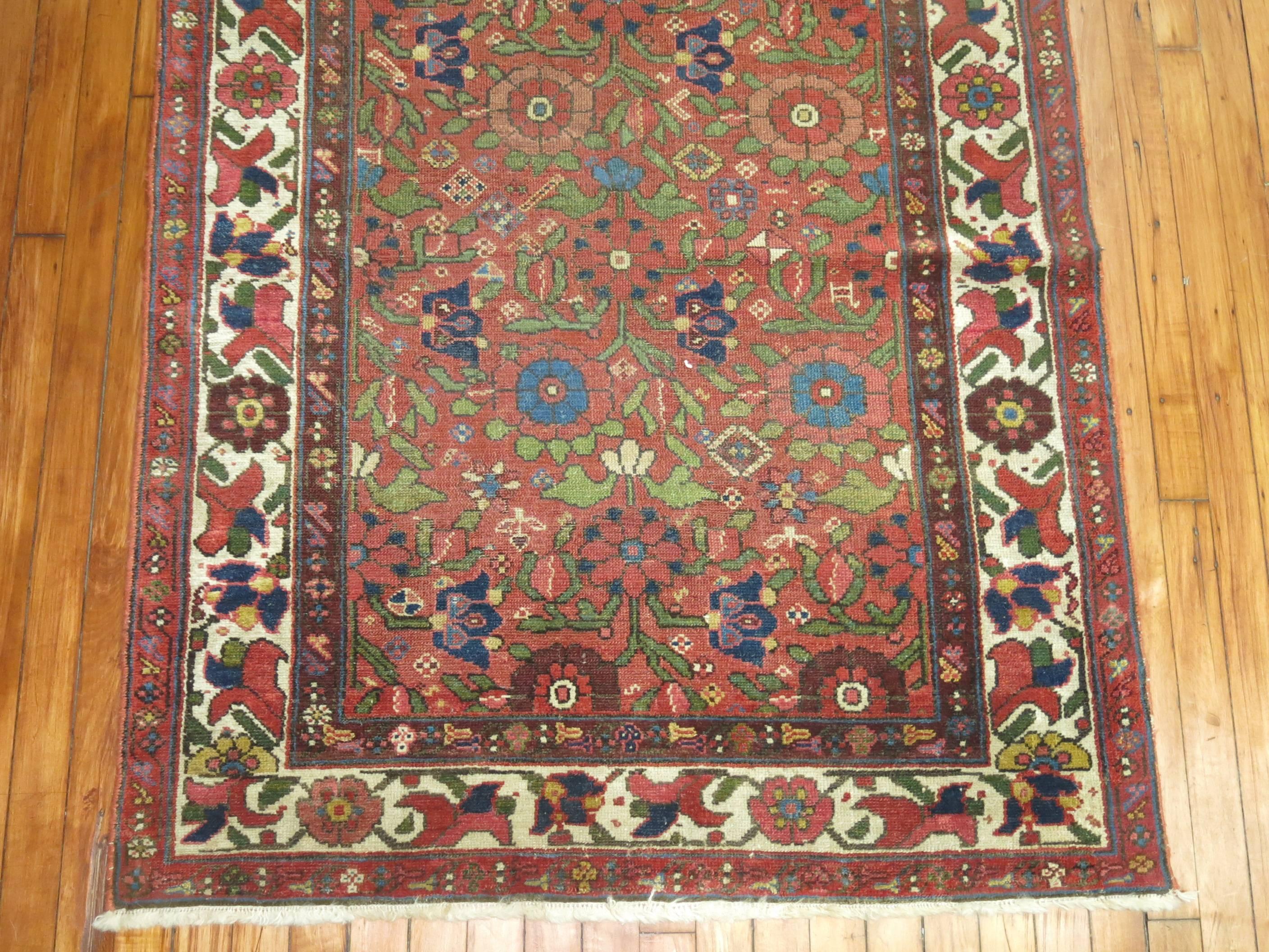 Hand-Woven 20th Century Brick Background Colorful Persian Malayer Runner