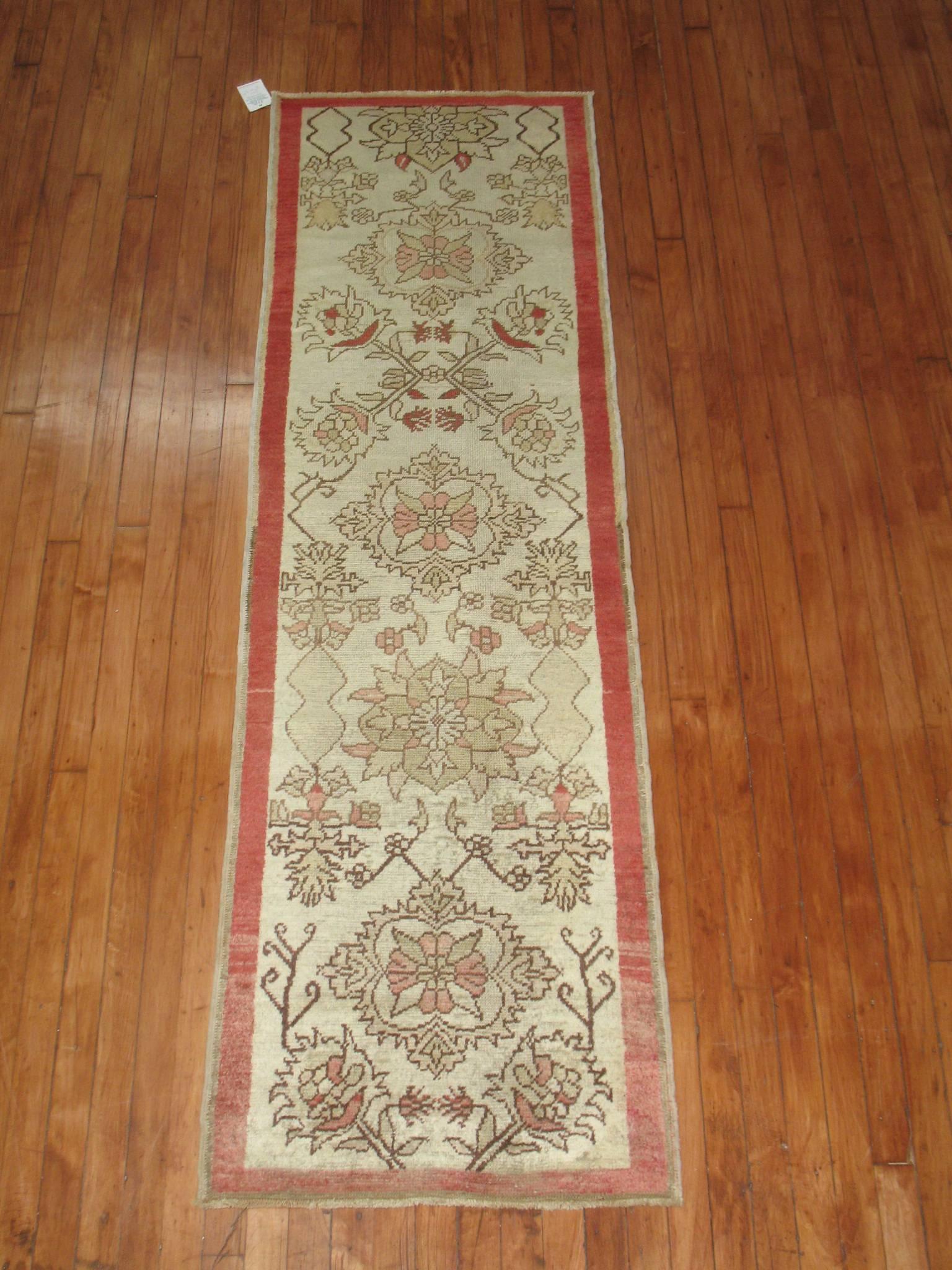 Floral Narrow Vintage Turkish Anatolian Runner In Good Condition For Sale In New York, NY