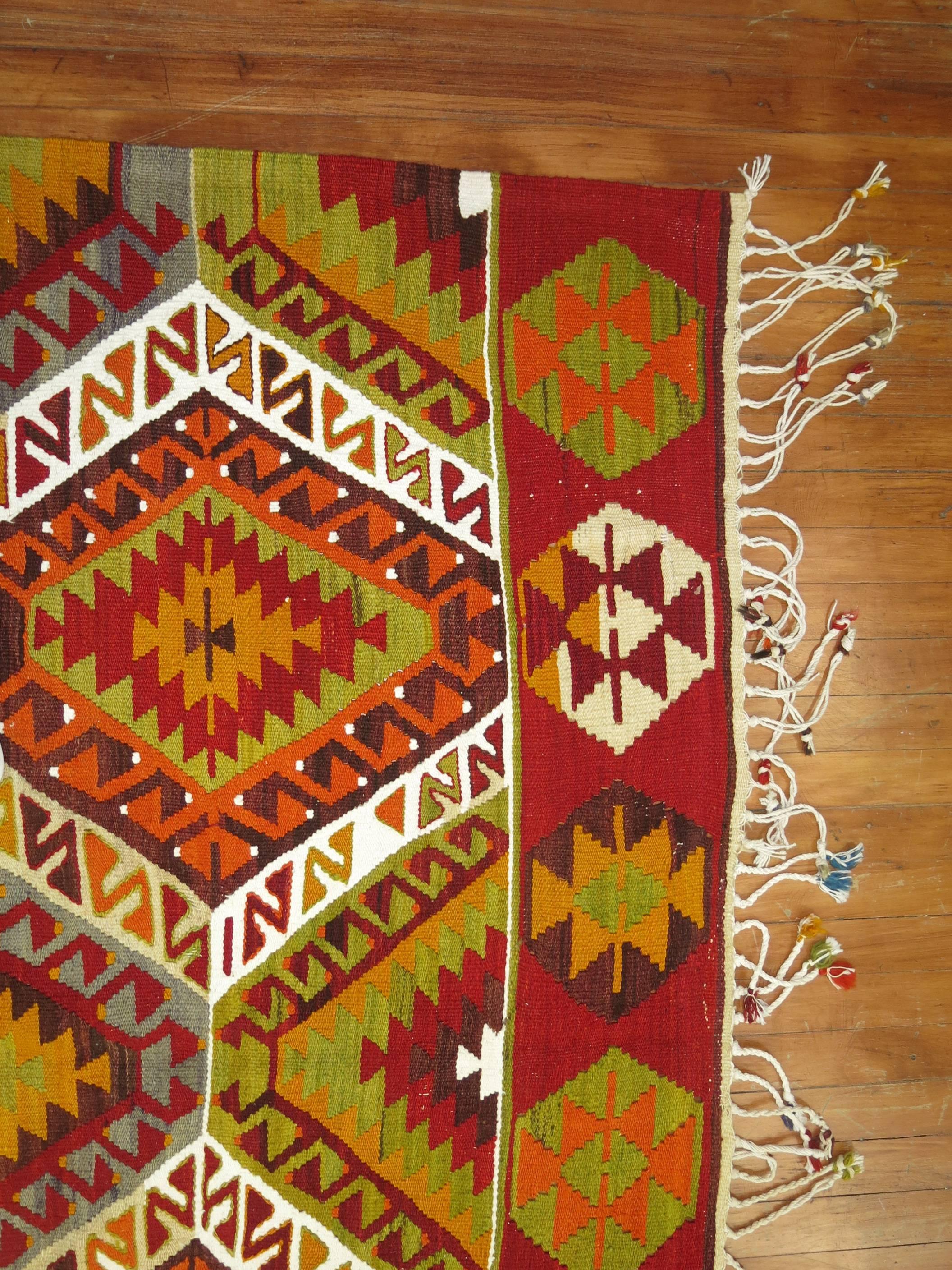 20th Century Bright Turkish Kilim Geometric Tribal Flat-Weave For Sale