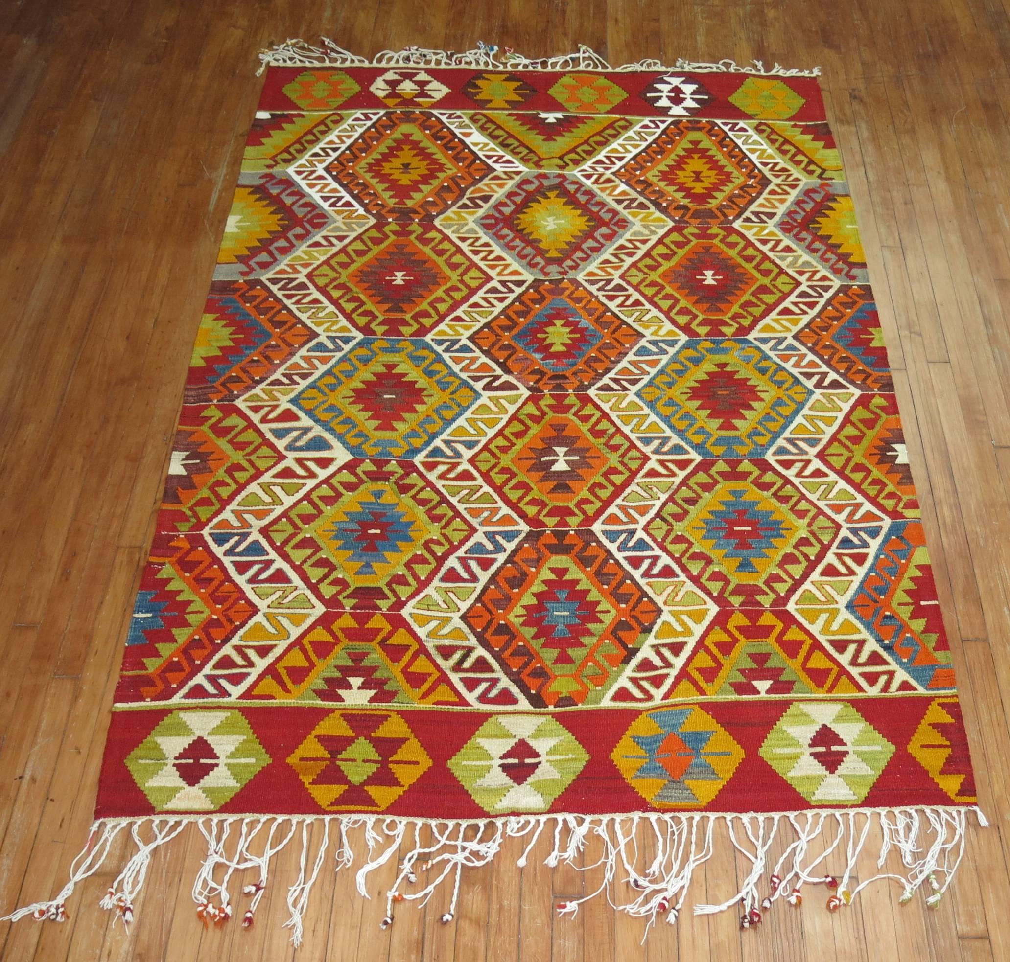 Adirondack Bright Turkish Kilim Geometric Tribal Flat-Weave For Sale