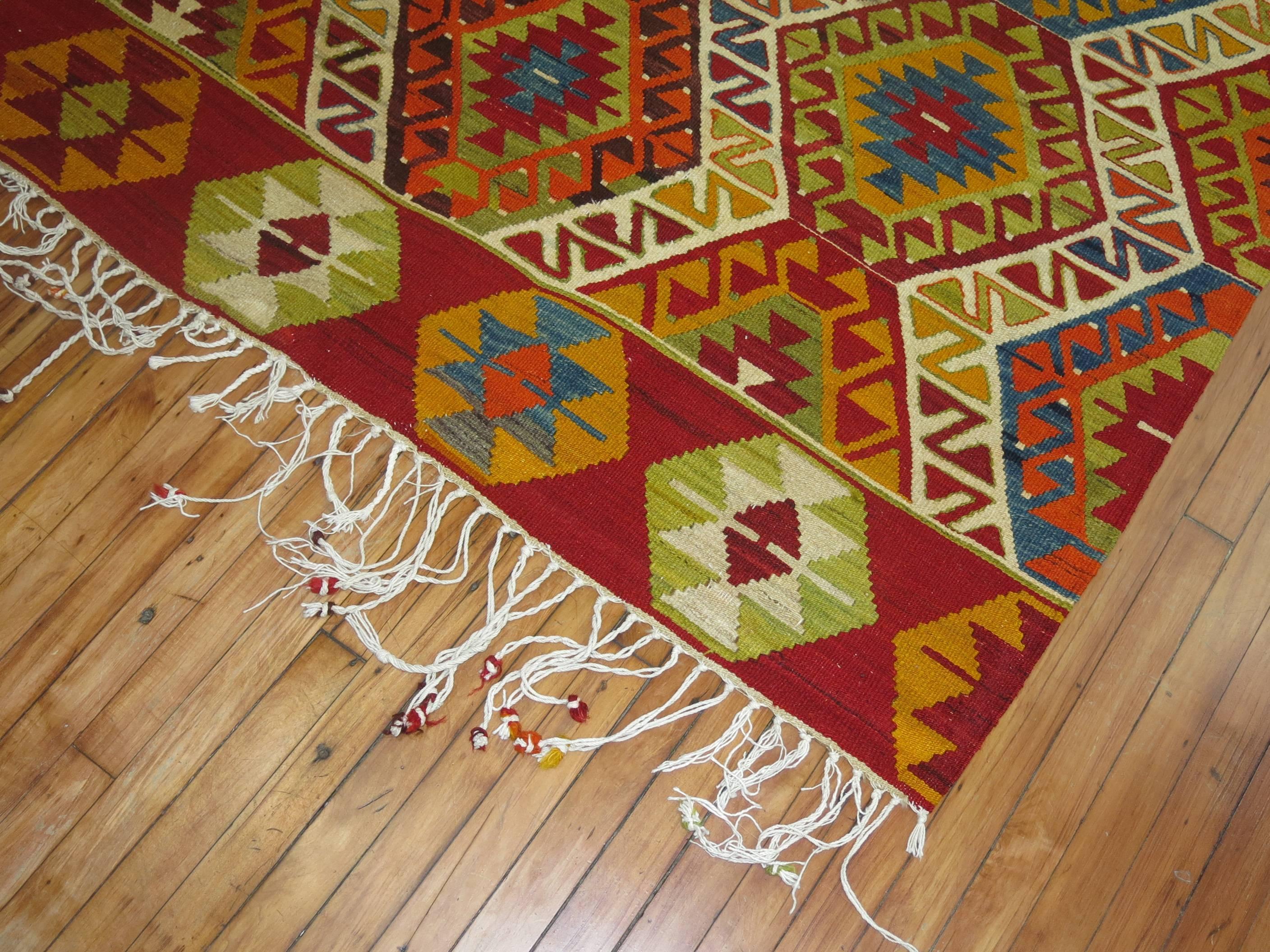 Hand-Woven Bright Turkish Kilim Geometric Tribal Flat-Weave For Sale