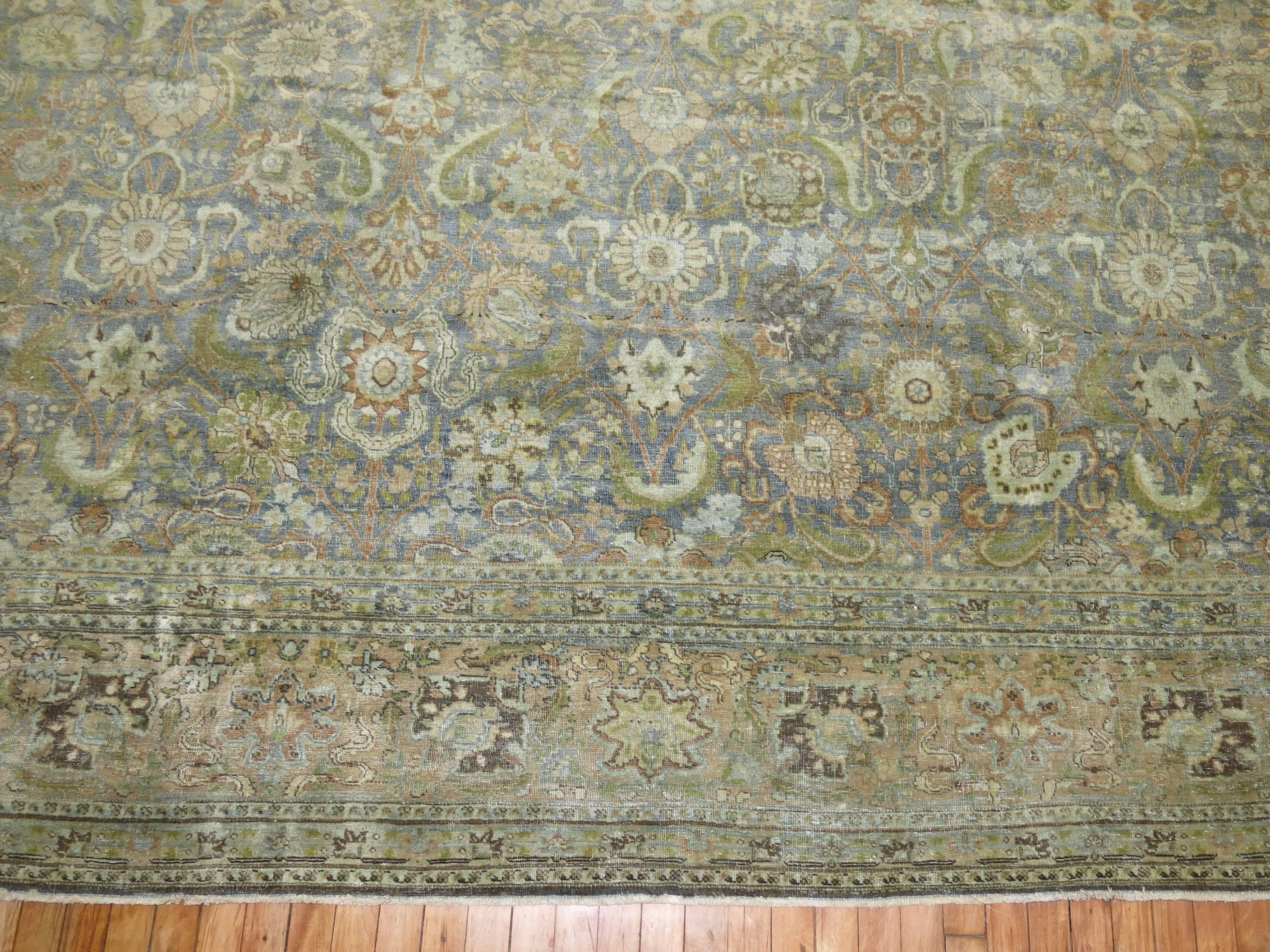 Hand-Woven Light Blue Gray Antique Persian Tabriz Carpet