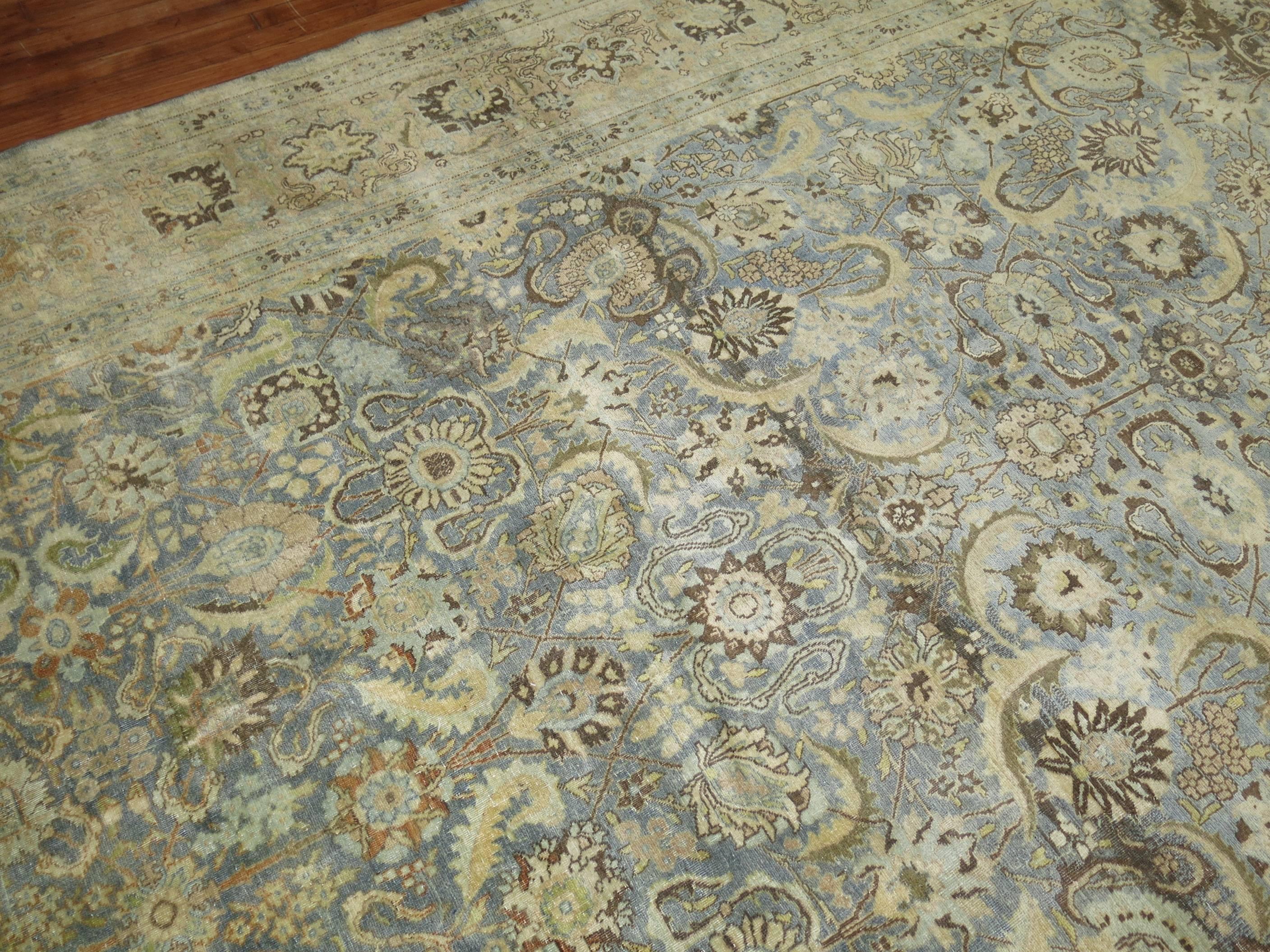 Wool Light Blue Gray Antique Persian Tabriz Carpet