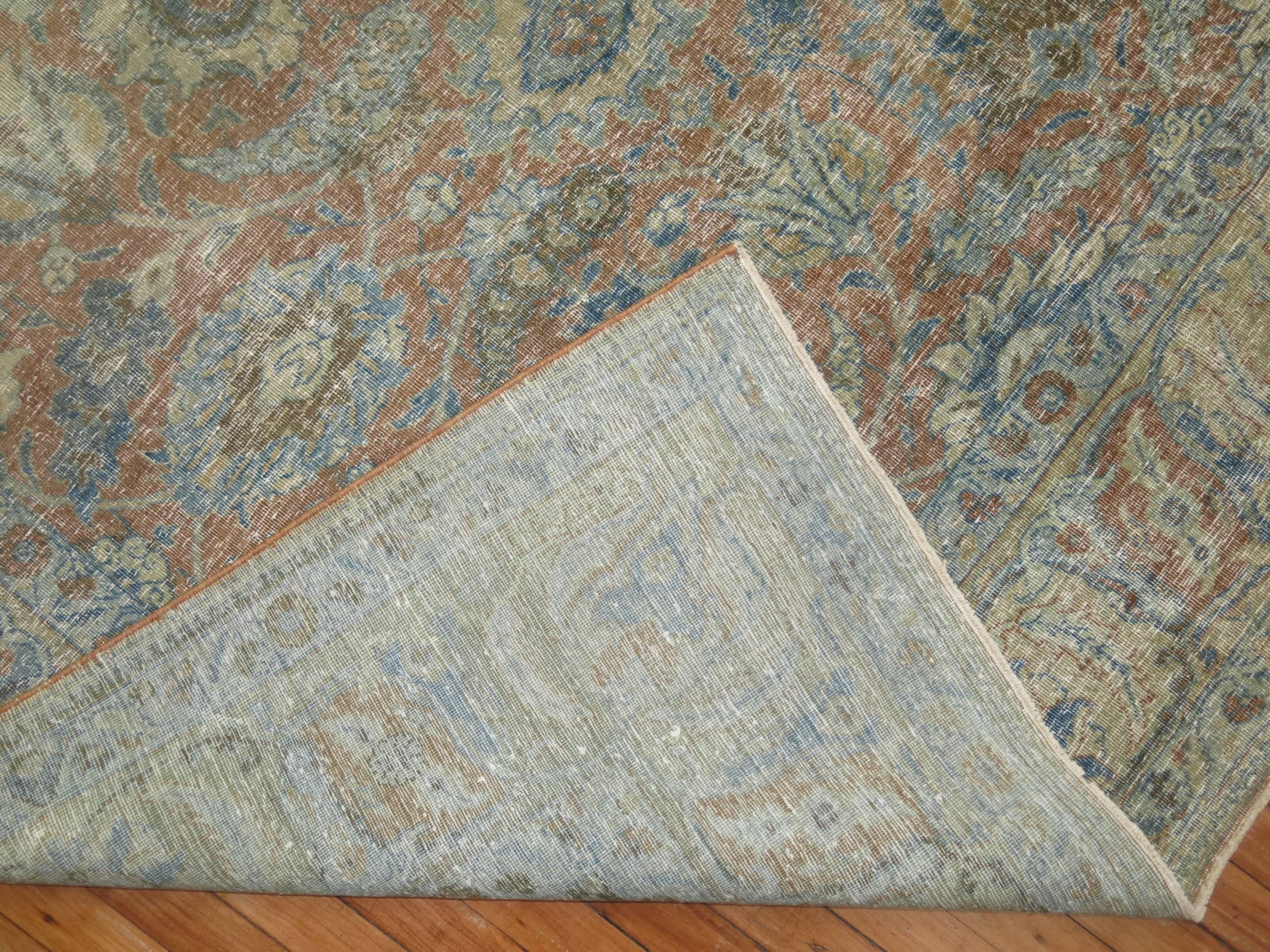Sultanabad Soft Blue and Terracotta Antique Persian Tabriz Rug , Early 20th century For Sale