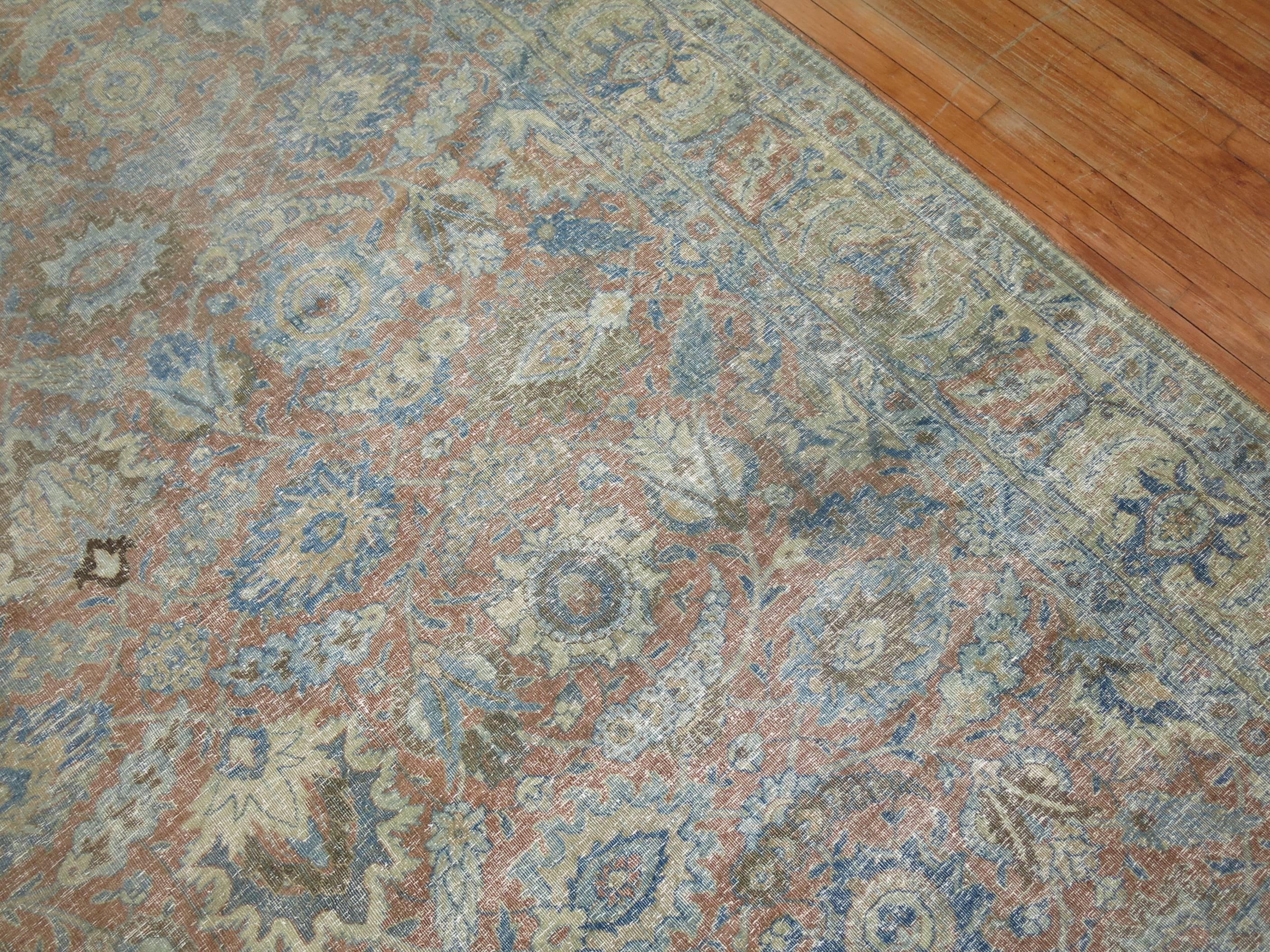 Hand-Knotted Soft Blue and Terracotta Antique Persian Tabriz Rug , Early 20th century For Sale