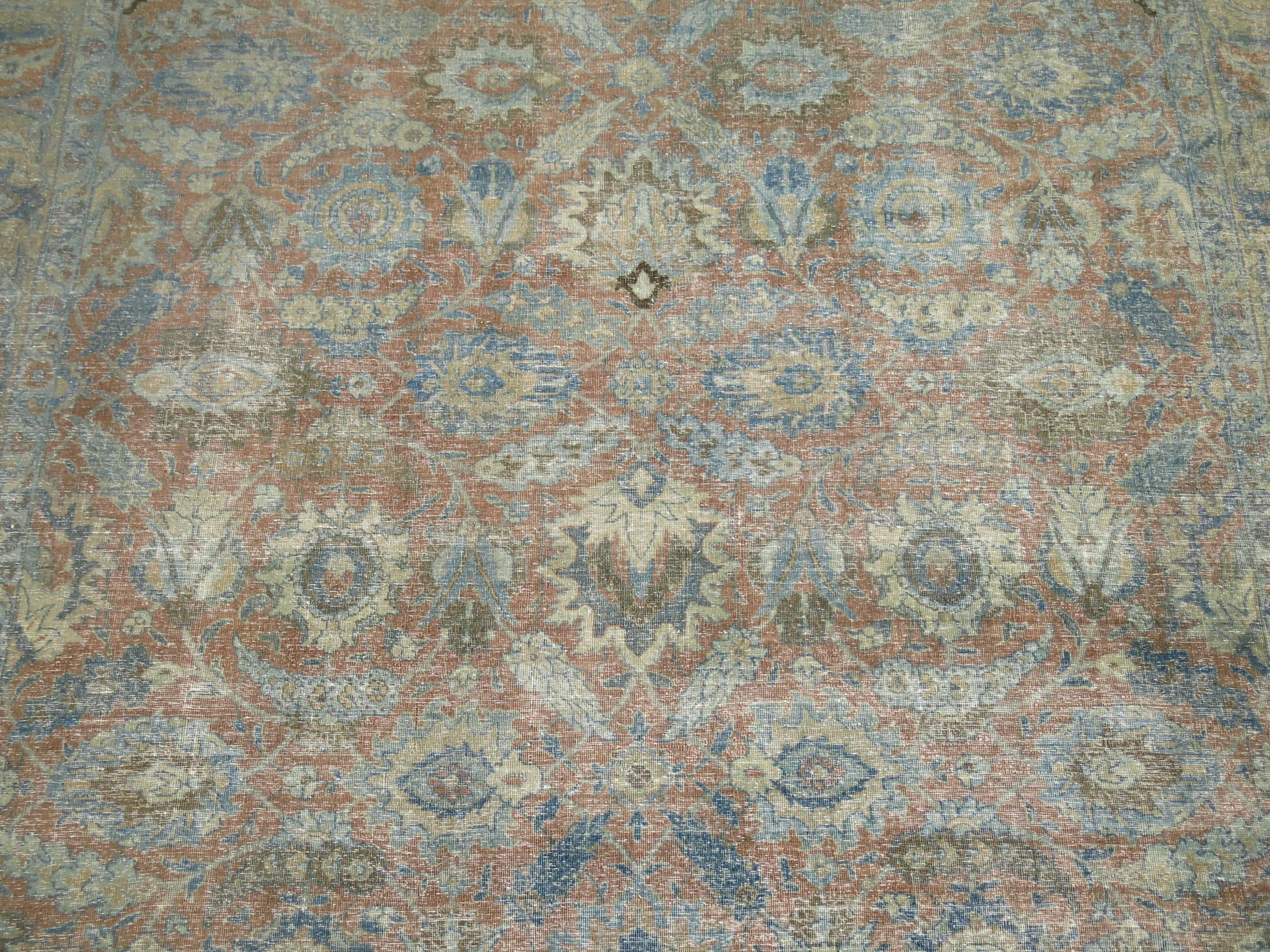Soft Blue and Terracotta Antique Persian Tabriz Rug , Early 20th century In Good Condition For Sale In New York, NY
