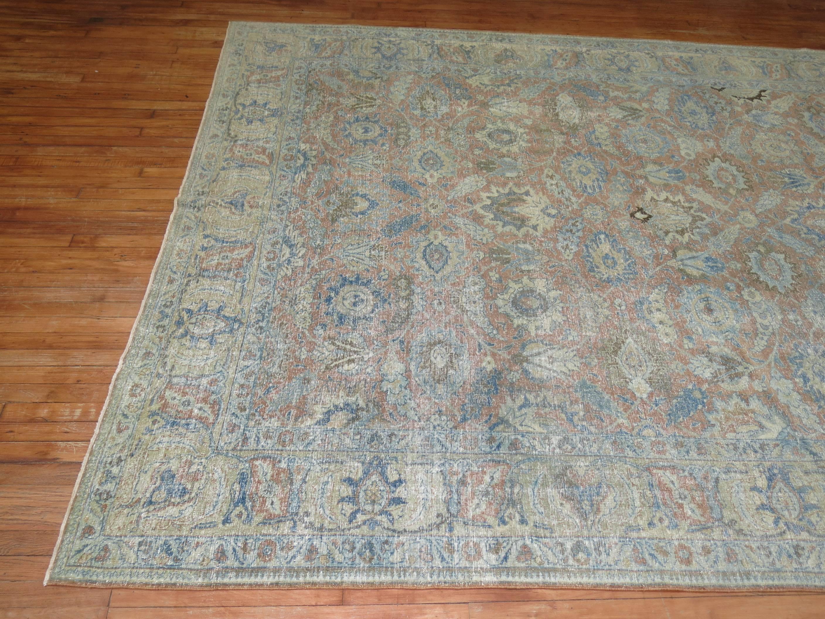 20th Century Soft Blue and Terracotta Antique Persian Tabriz Rug , Early 20th century For Sale