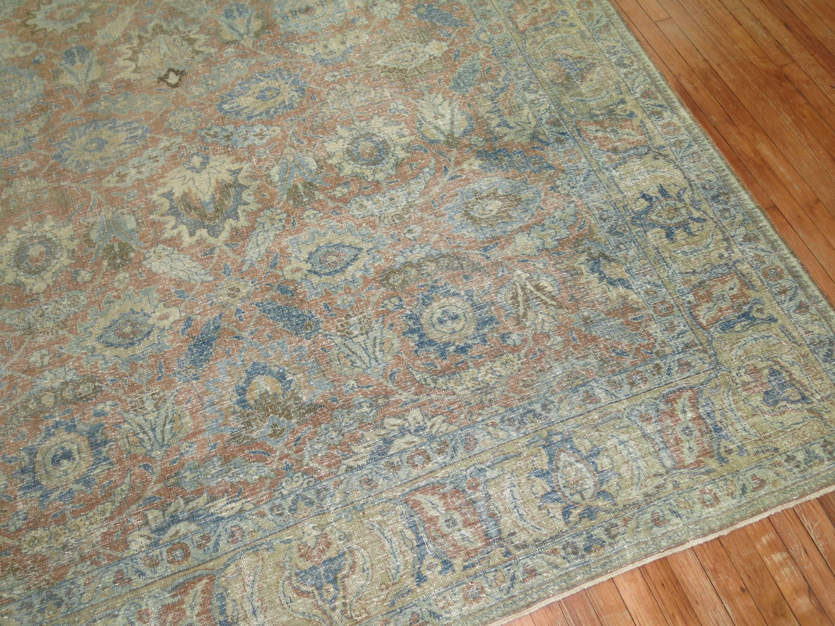 Soft Blue and Terracotta Antique Persian Tabriz Rug , Early 20th century For Sale 1