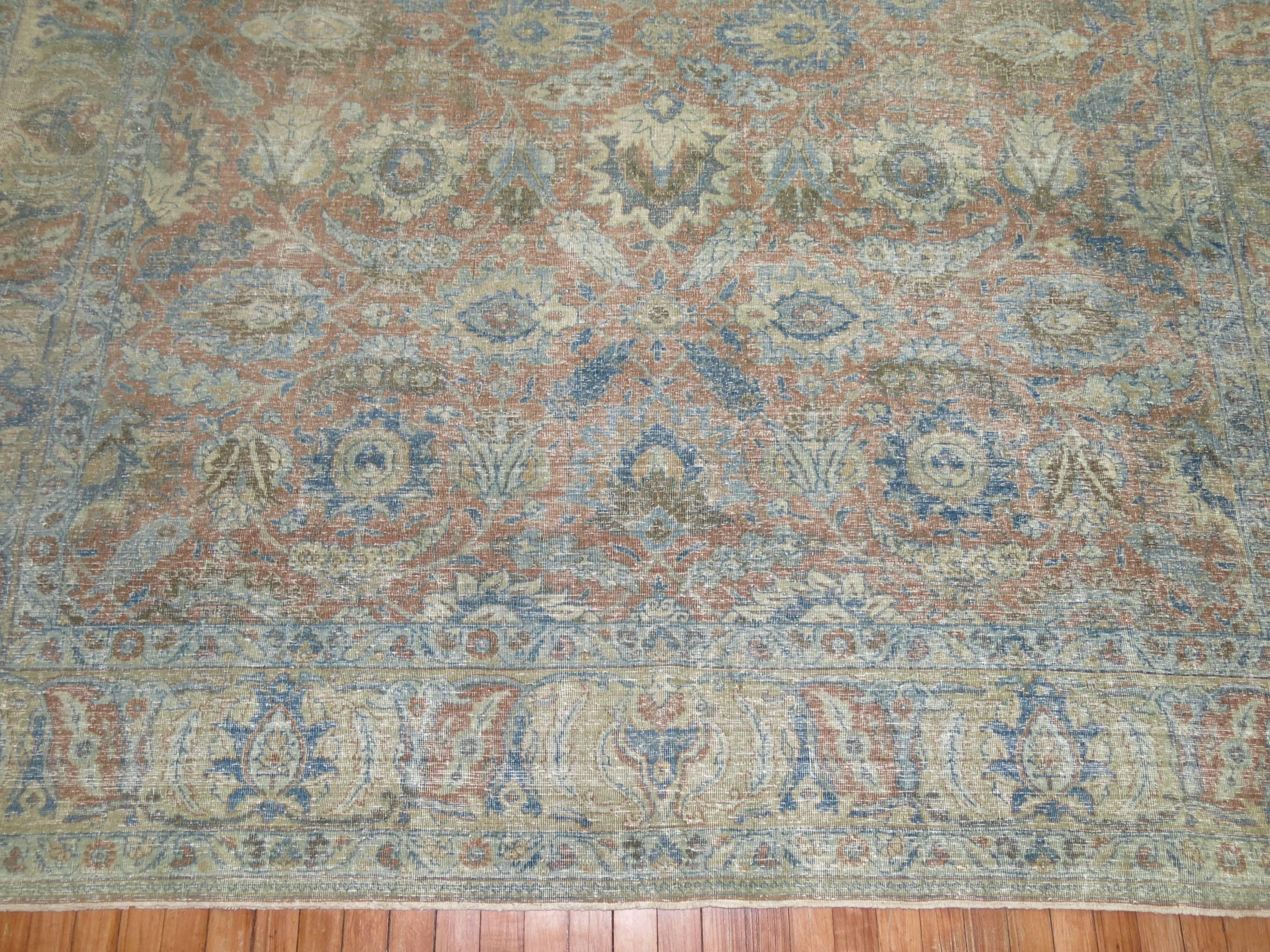 Wool Soft Blue and Terracotta Antique Persian Tabriz Rug , Early 20th century For Sale