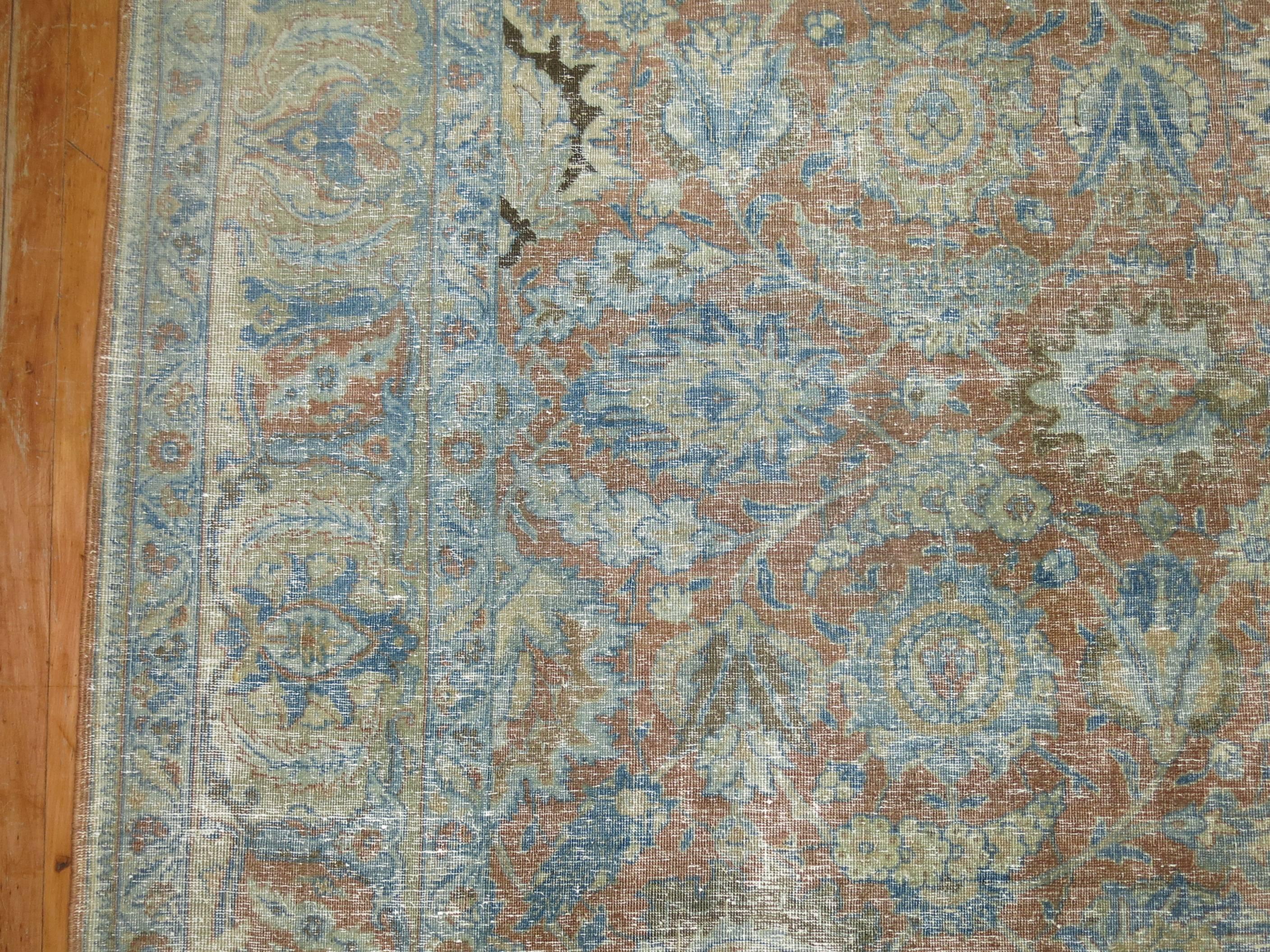 Soft Blue and Terracotta Antique Persian Tabriz Rug , Early 20th century For Sale 2