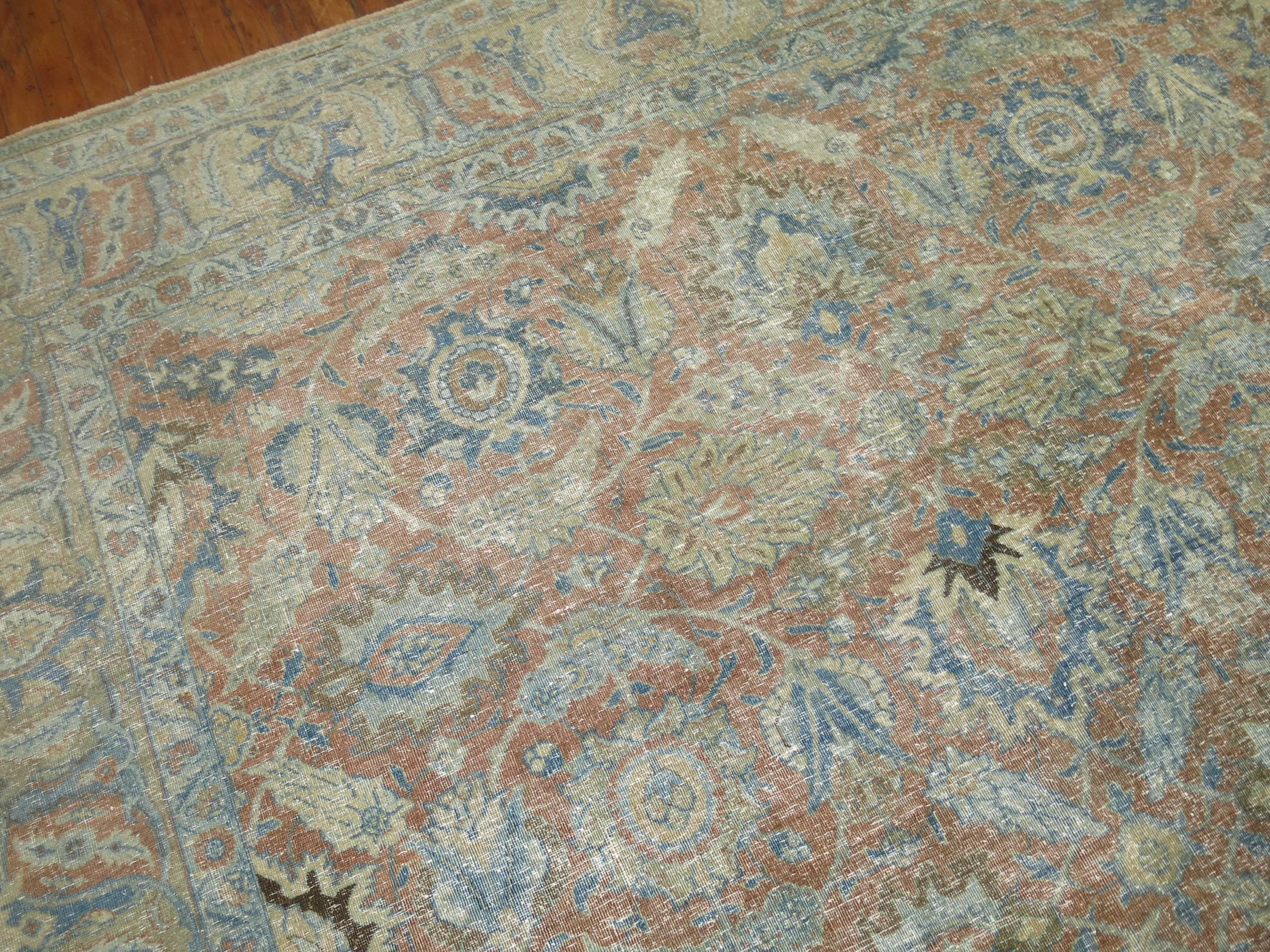 Soft Blue and Terracotta Antique Persian Tabriz Rug , Early 20th century For Sale 3
