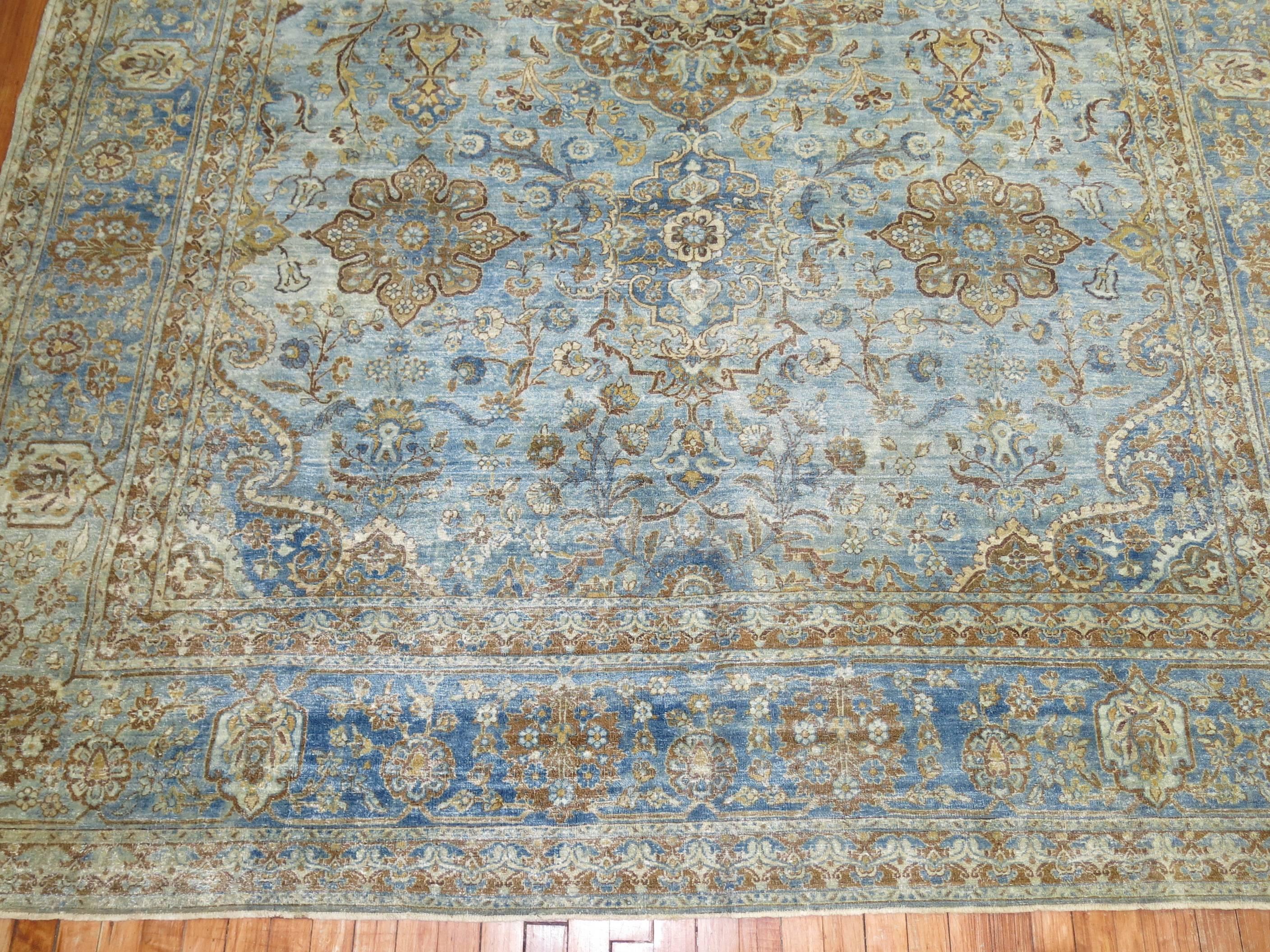 Hand-Woven Zabihi Collection Blue Antique Persian Kashan Rug For Sale