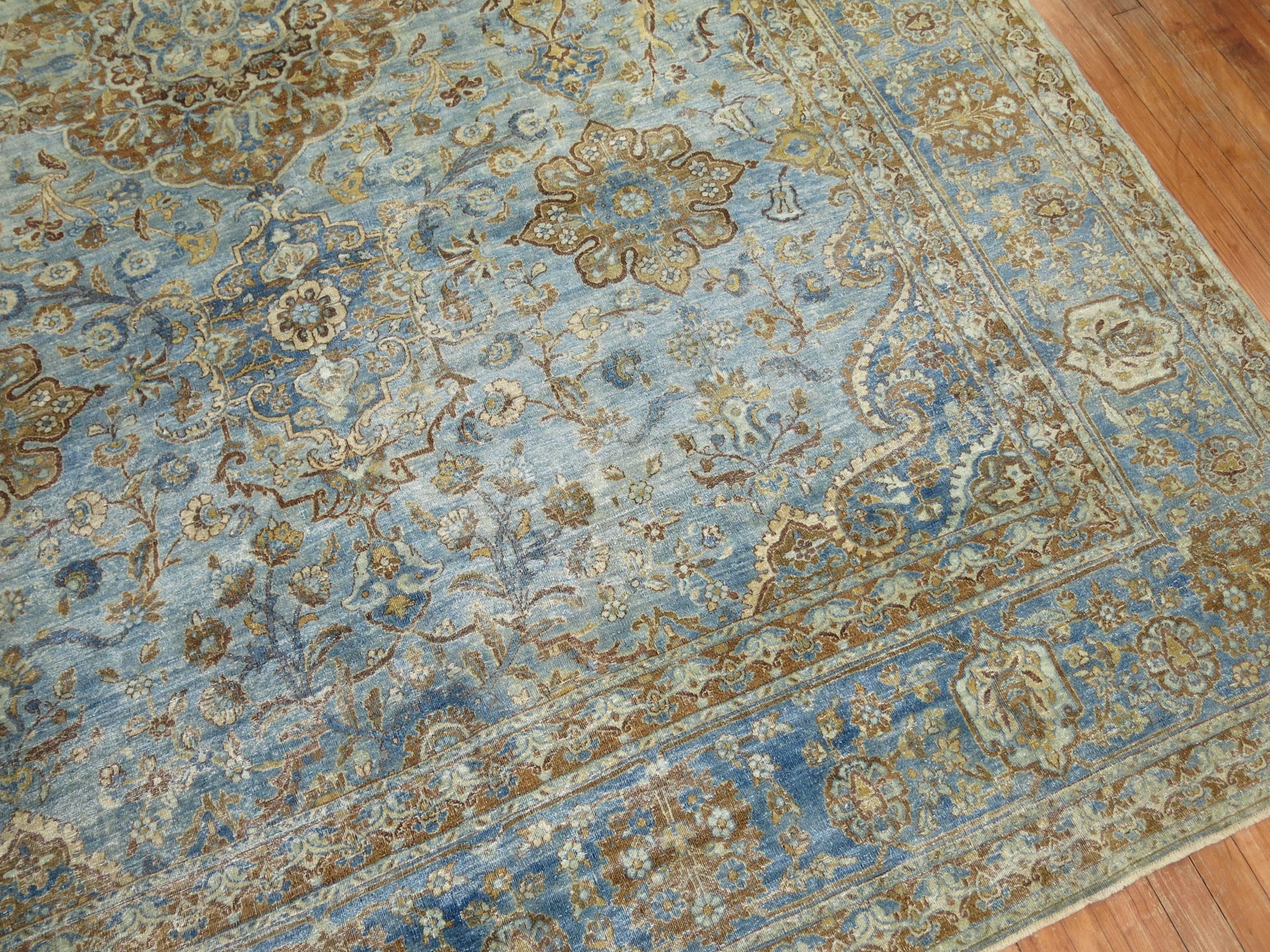Zabihi Collection Blue Antique Persian Kashan Rug In Good Condition For Sale In New York, NY