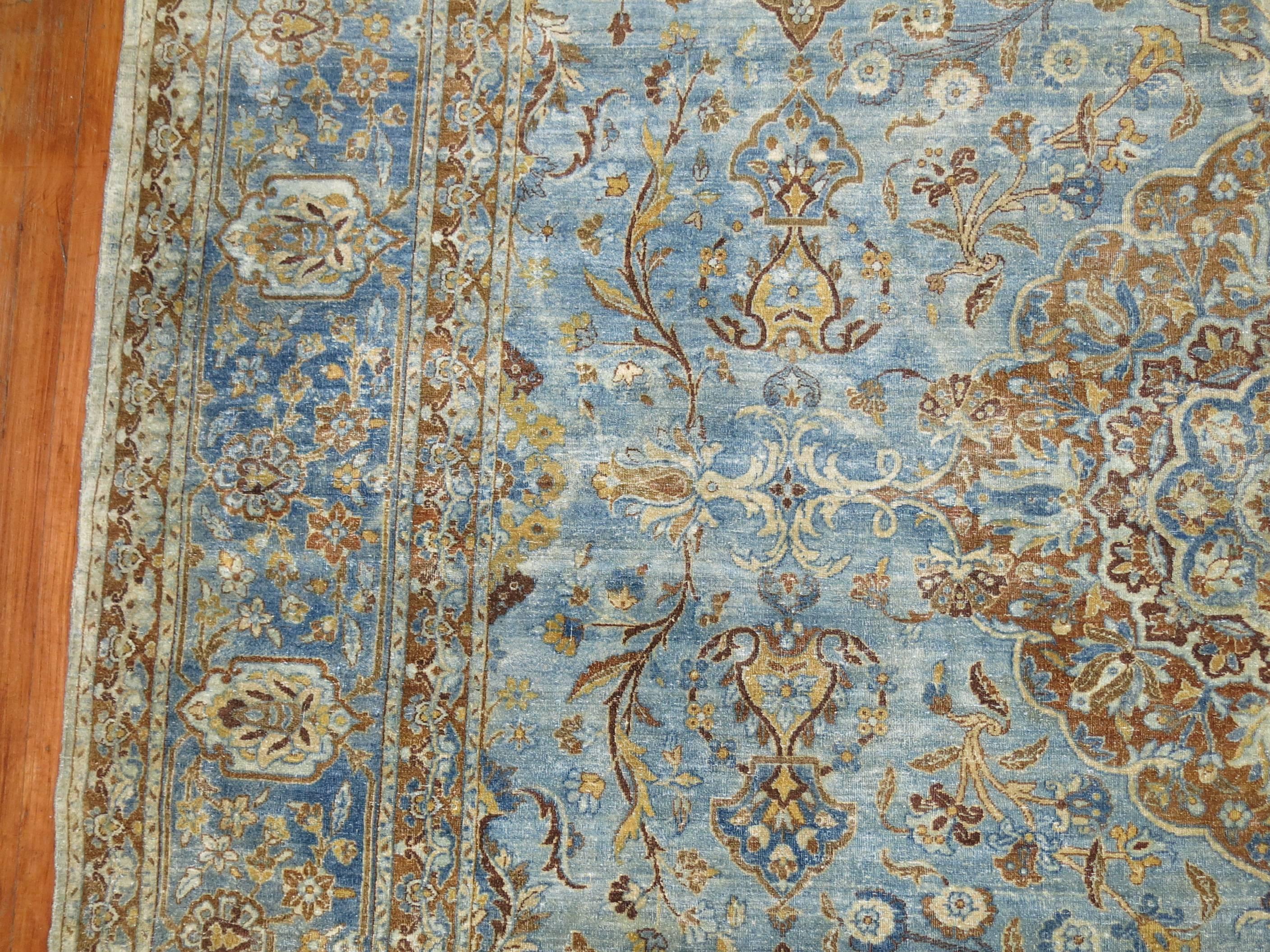 20th Century Zabihi Collection Blue Antique Persian Kashan Rug For Sale