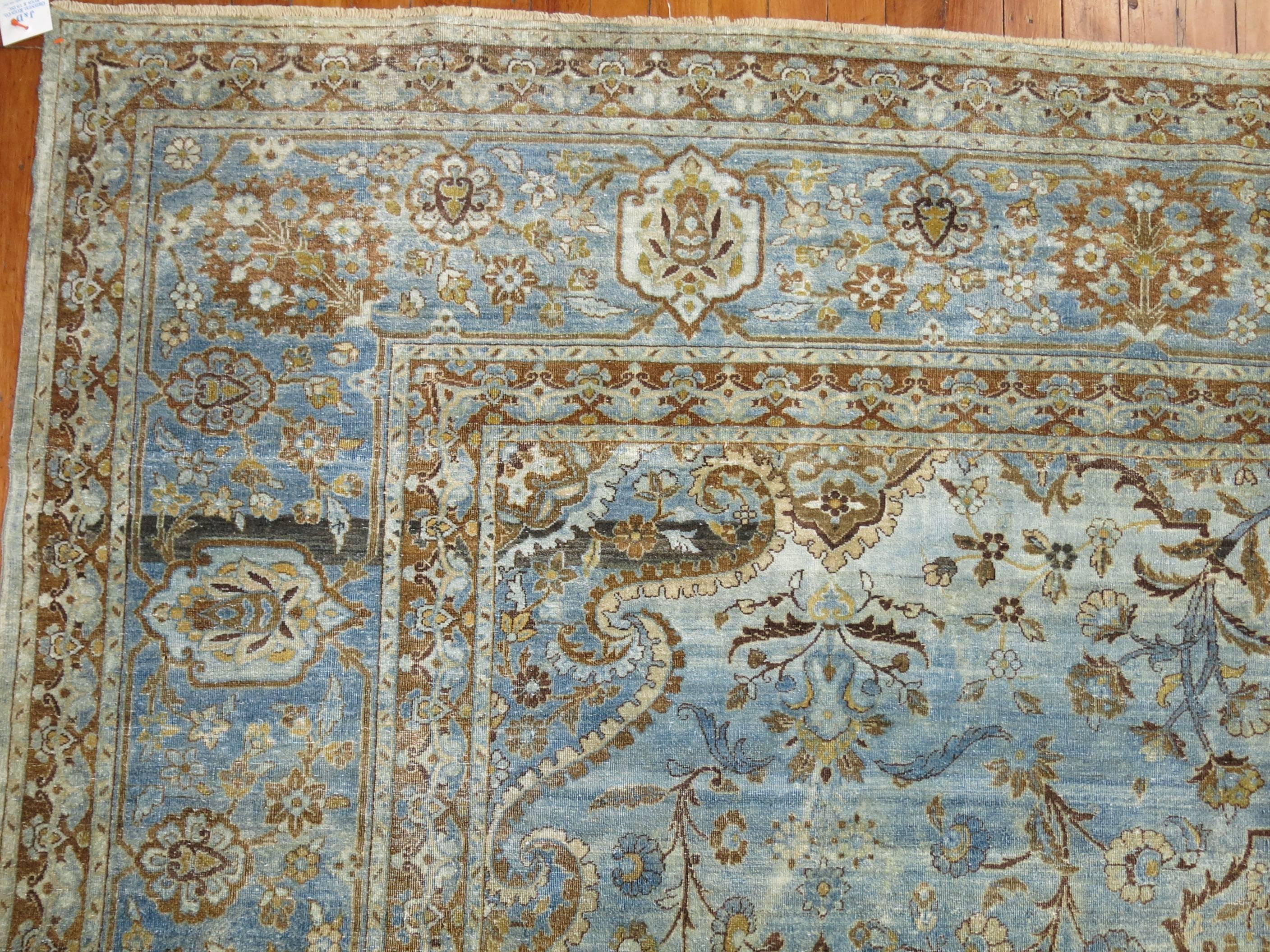 Wool Zabihi Collection Blue Antique Persian Kashan Rug For Sale