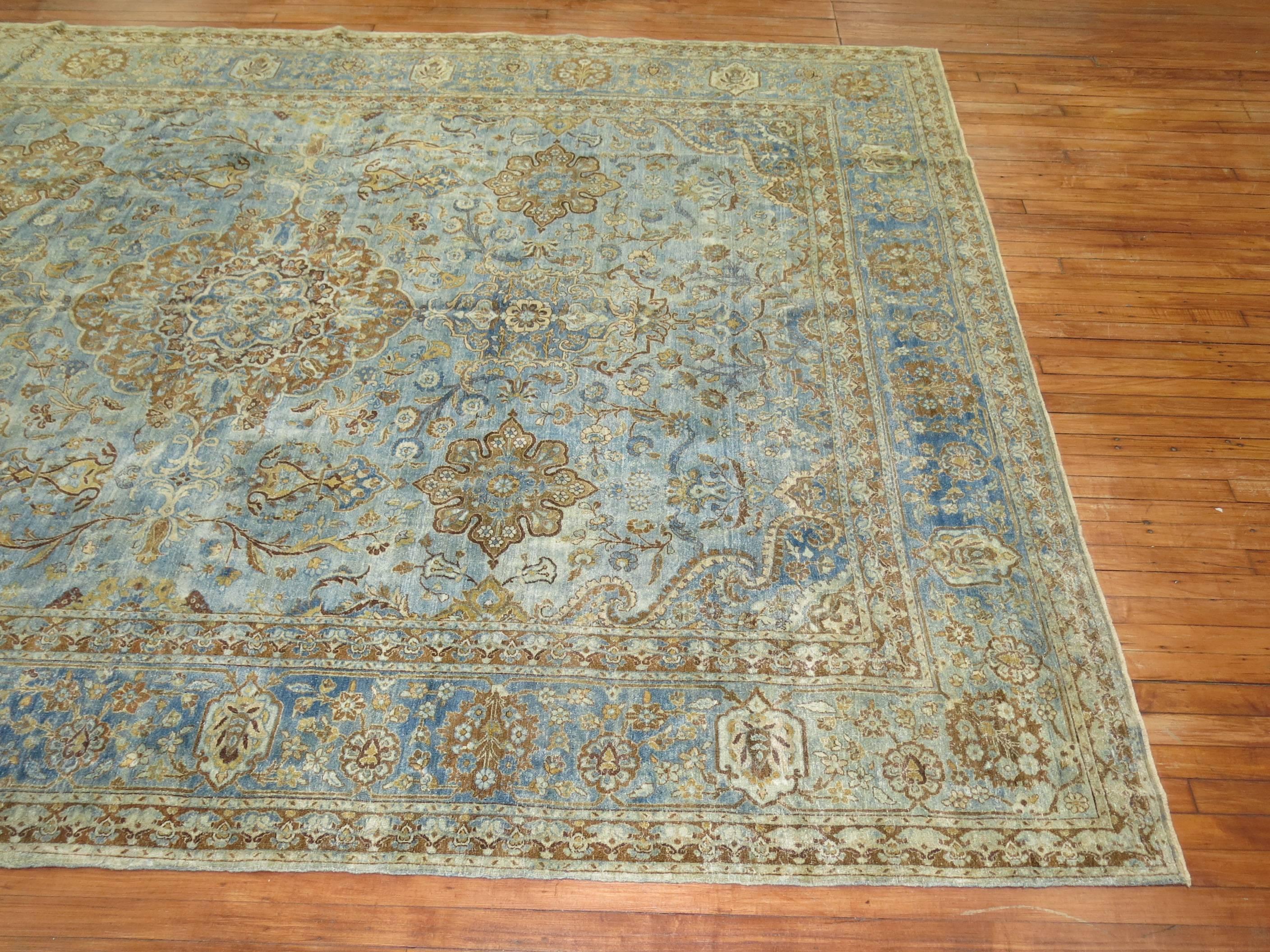 Zabihi Collection Blue Antique Persian Kashan Rug For Sale 1