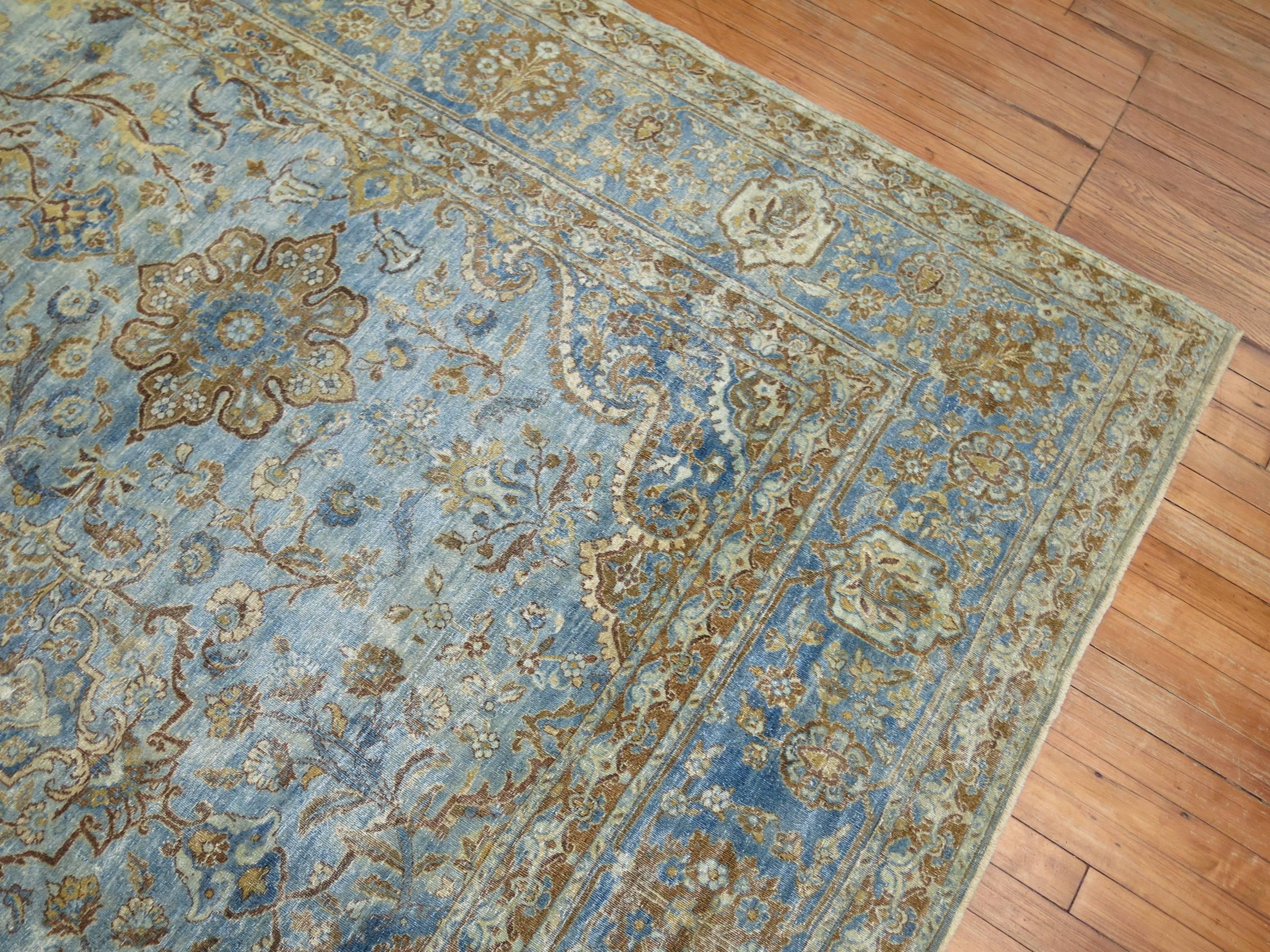 Zabihi Collection Blue Antique Persian Kashan Rug For Sale 2