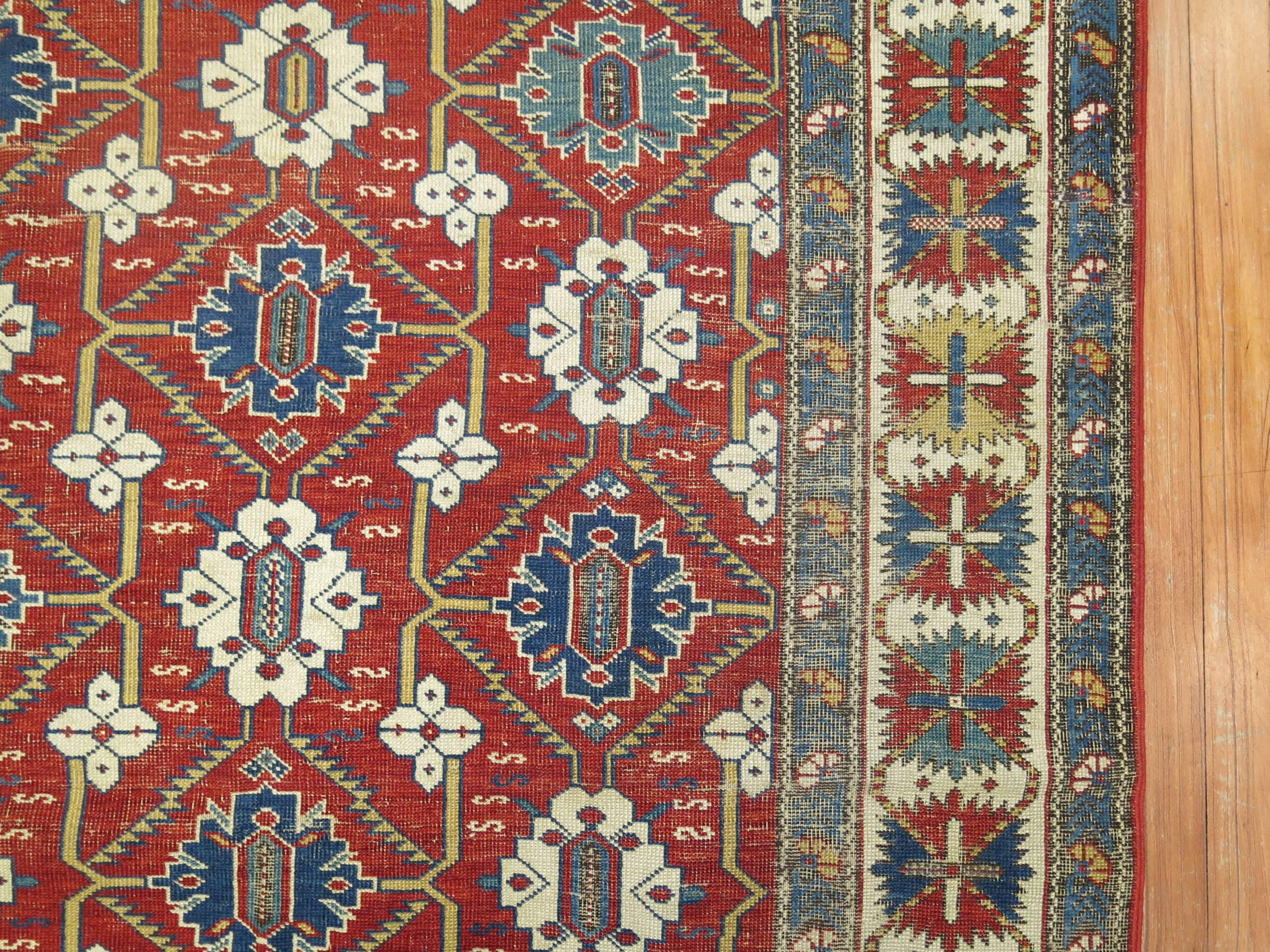 Kazak Late 19th Century Red Field Geometric Antique Caucasian Tribal Shirvan Rug For Sale