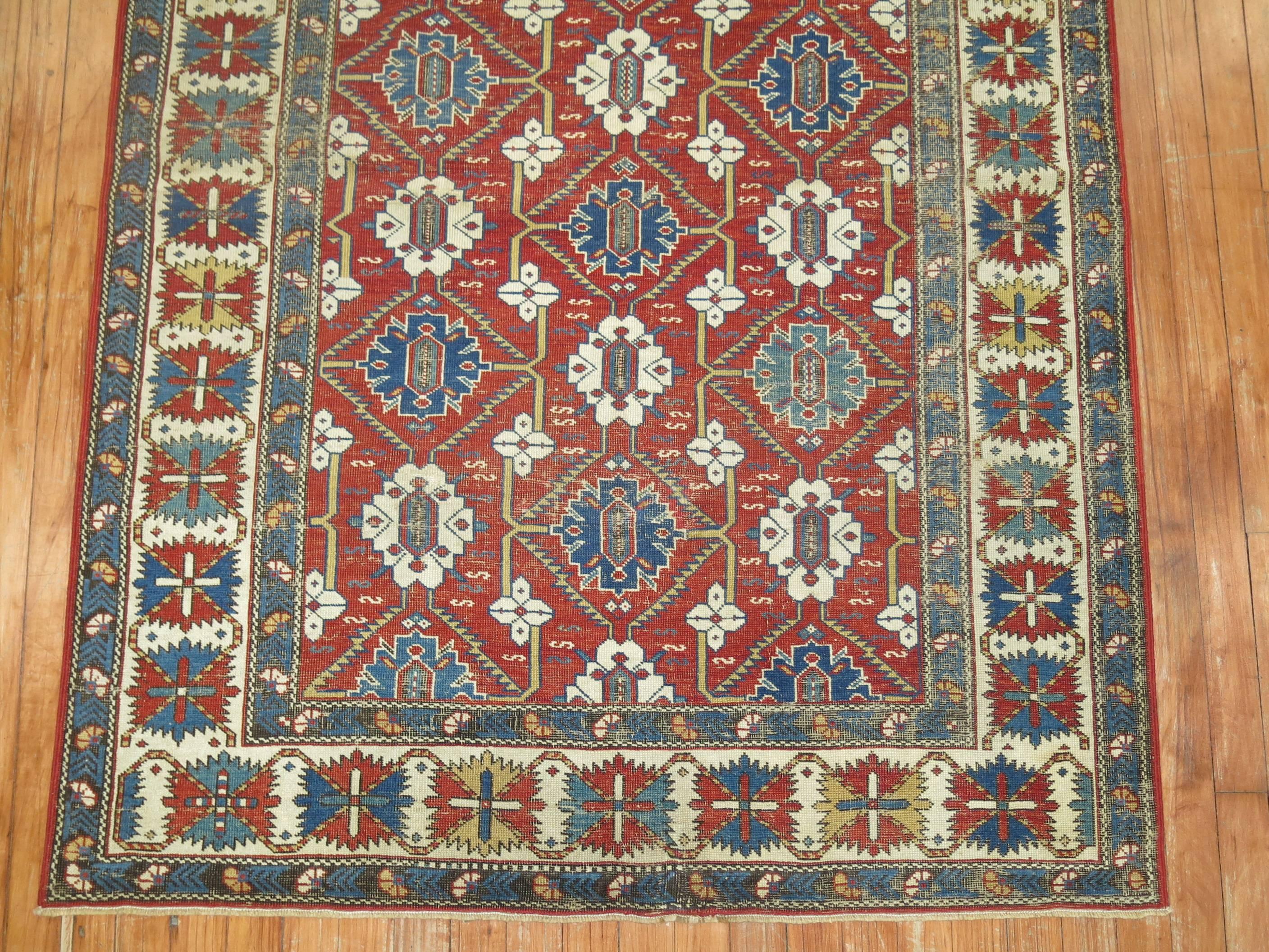Hand-Woven Late 19th Century Red Field Geometric Antique Caucasian Tribal Shirvan Rug For Sale