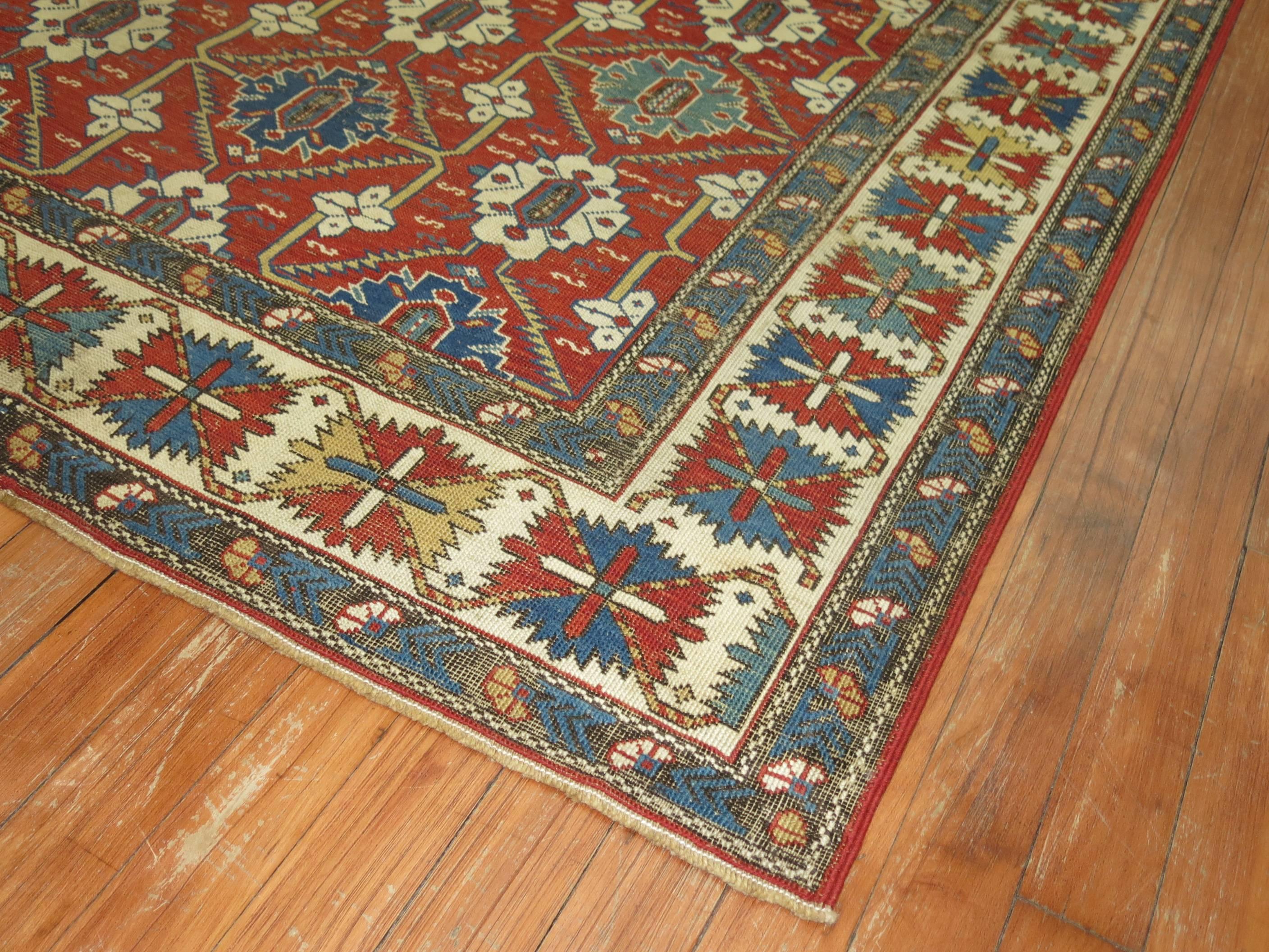 Wool Late 19th Century Red Field Geometric Antique Caucasian Tribal Shirvan Rug For Sale