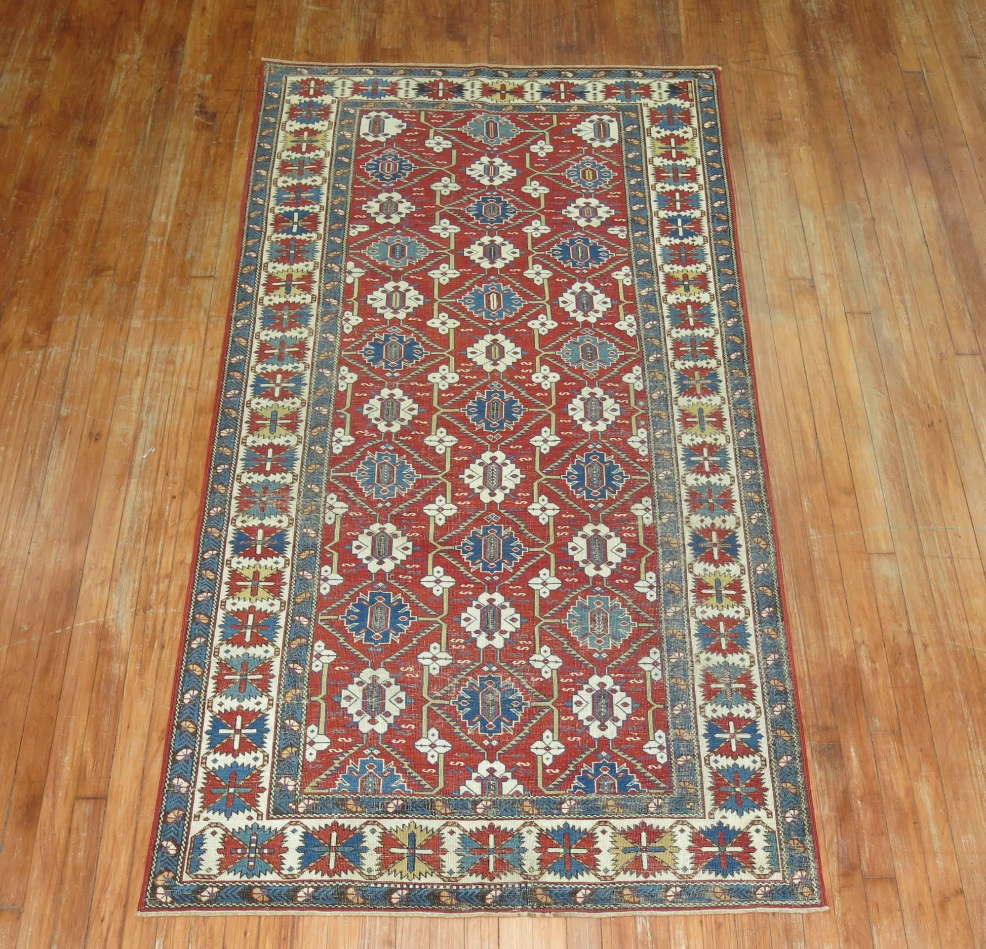 Late 19th Century Red Field Geometric Antique Caucasian Tribal Shirvan Rug For Sale 1