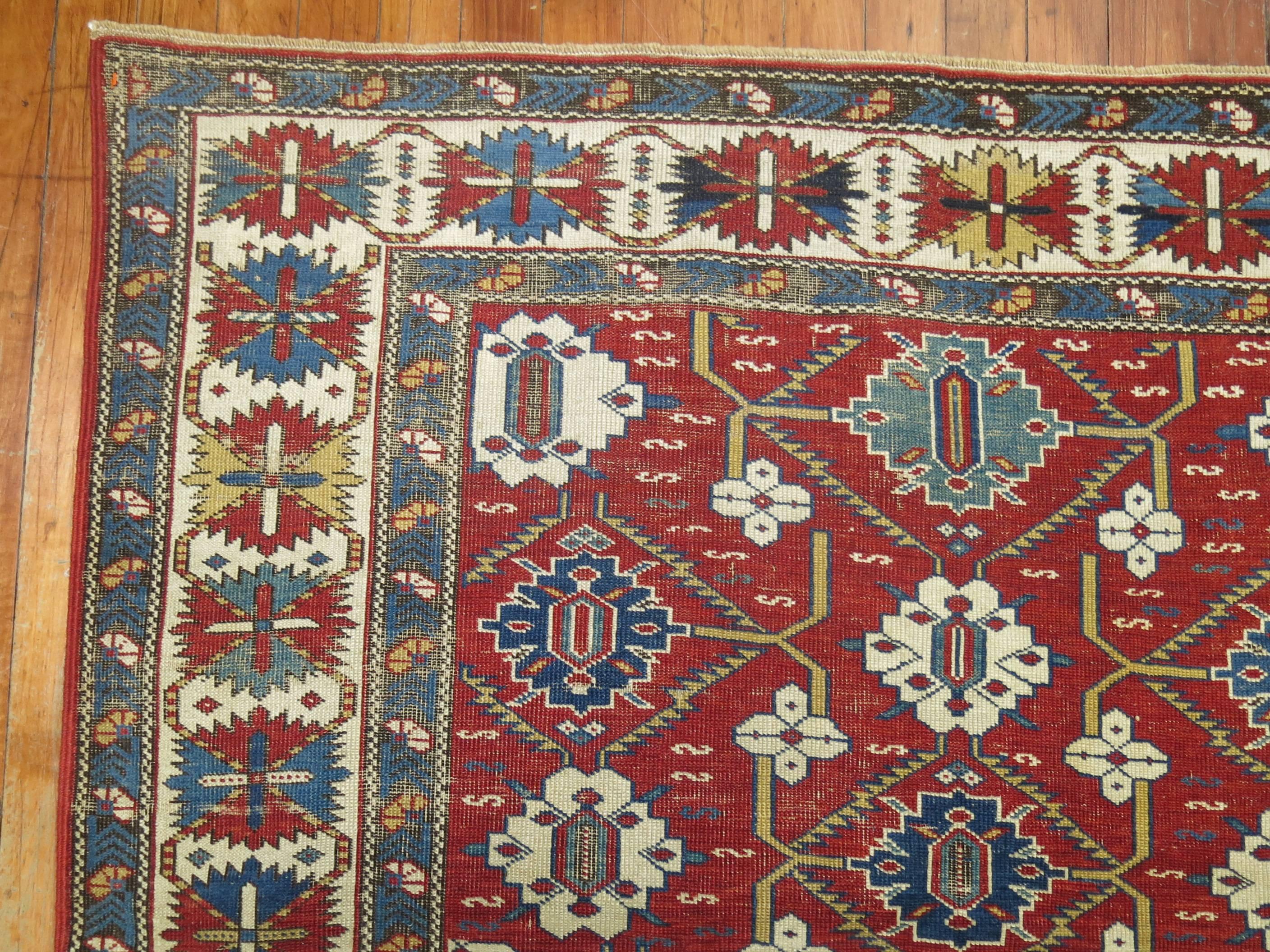 Late 19th Century Red Field Geometric Antique Caucasian Tribal Shirvan Rug For Sale 2