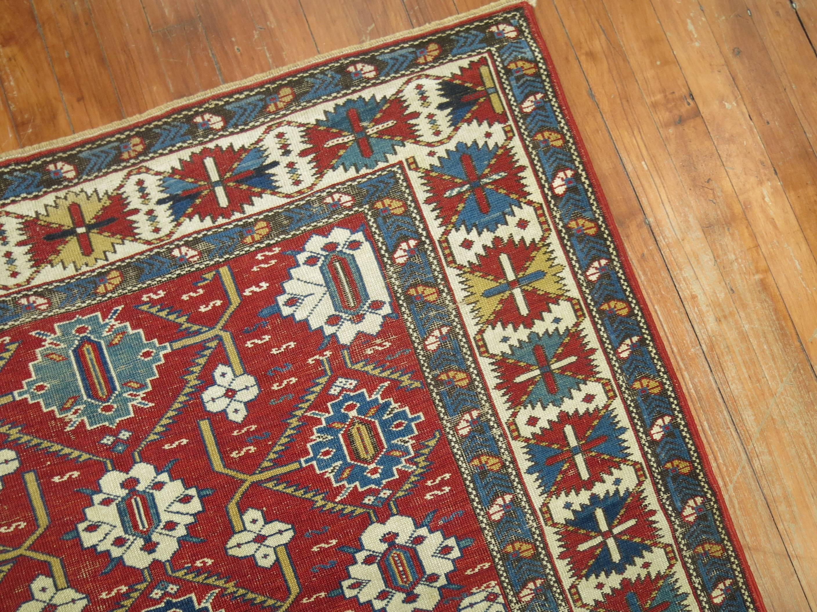 Late 19th Century Red Field Geometric Antique Caucasian Tribal Shirvan Rug For Sale 3