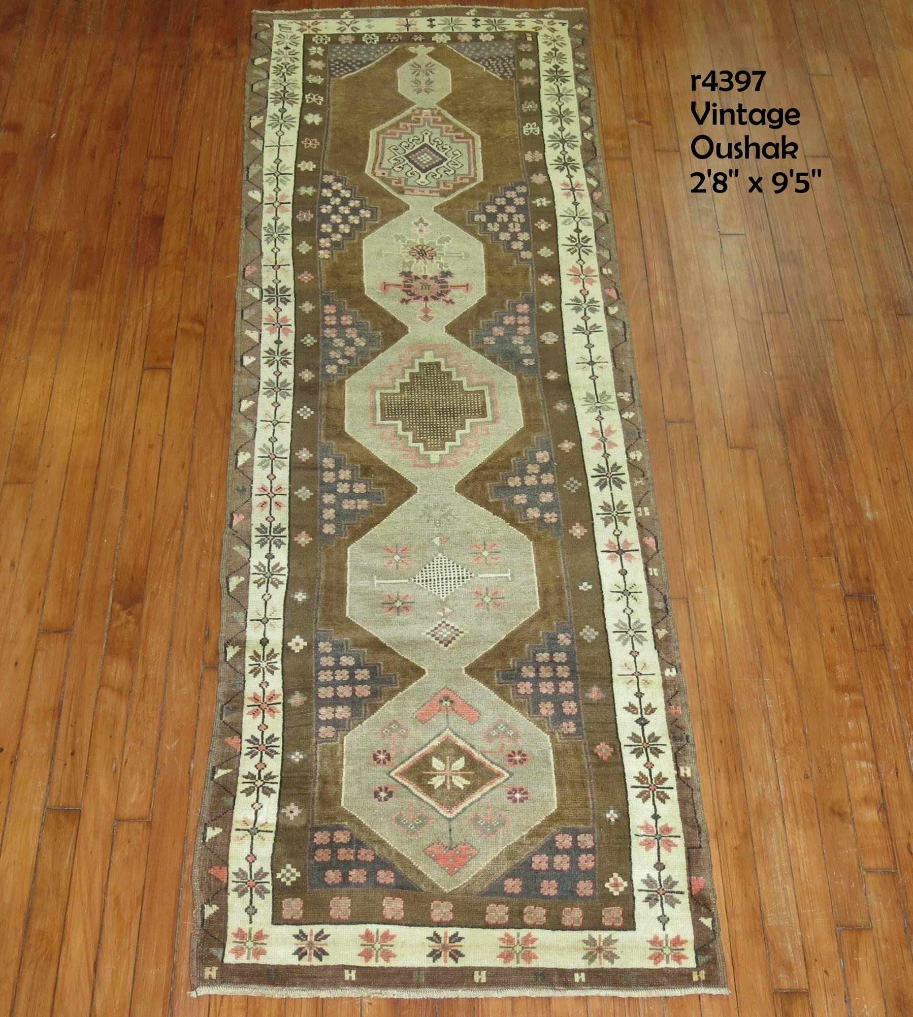Hand-Knotted Chocolate Brown Vintage Turkish Oushak Runner
