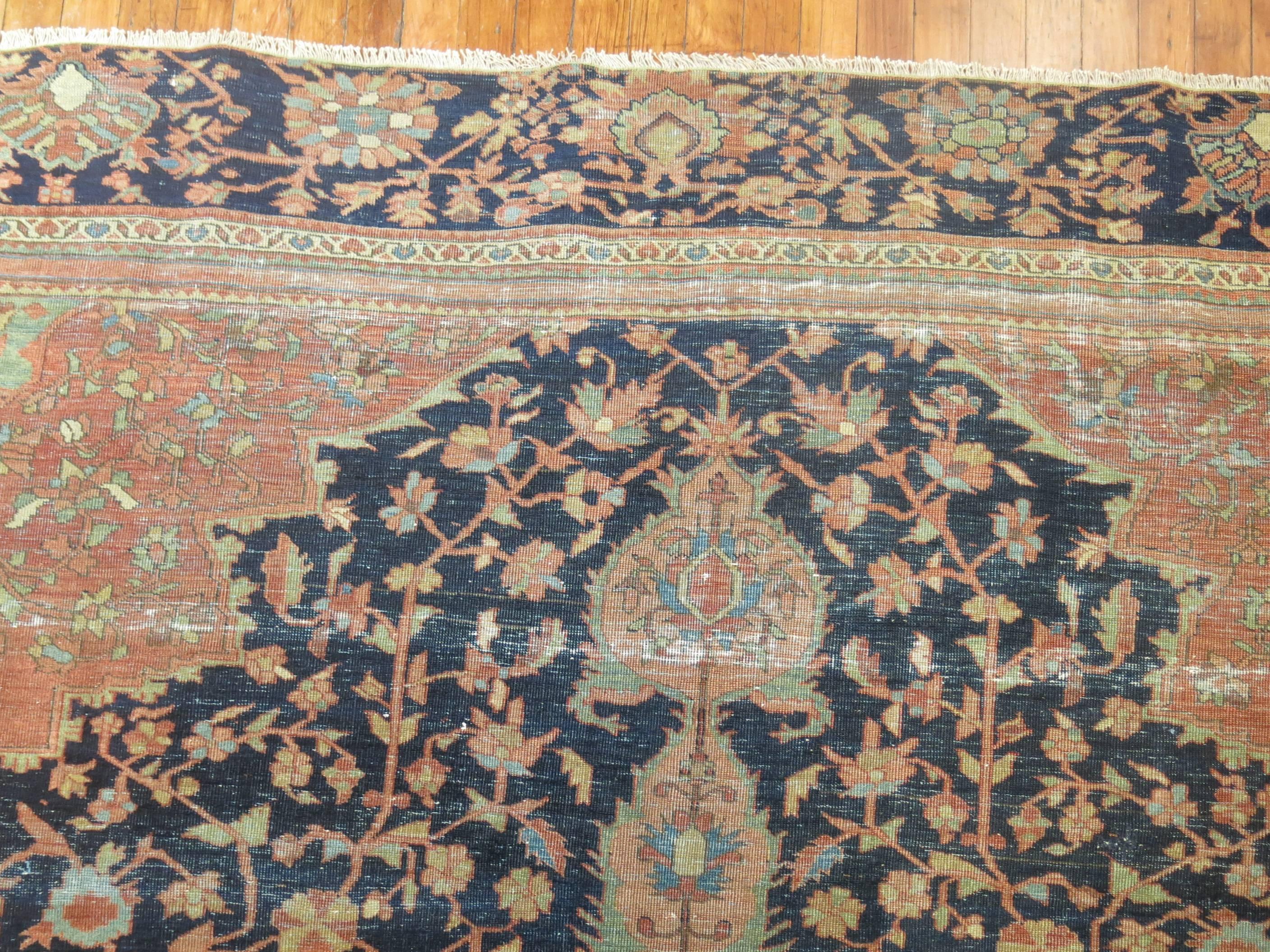 Dutch Colonial Navy Mint Green Terracotta Color Shabby Chic Antique Persian Rug