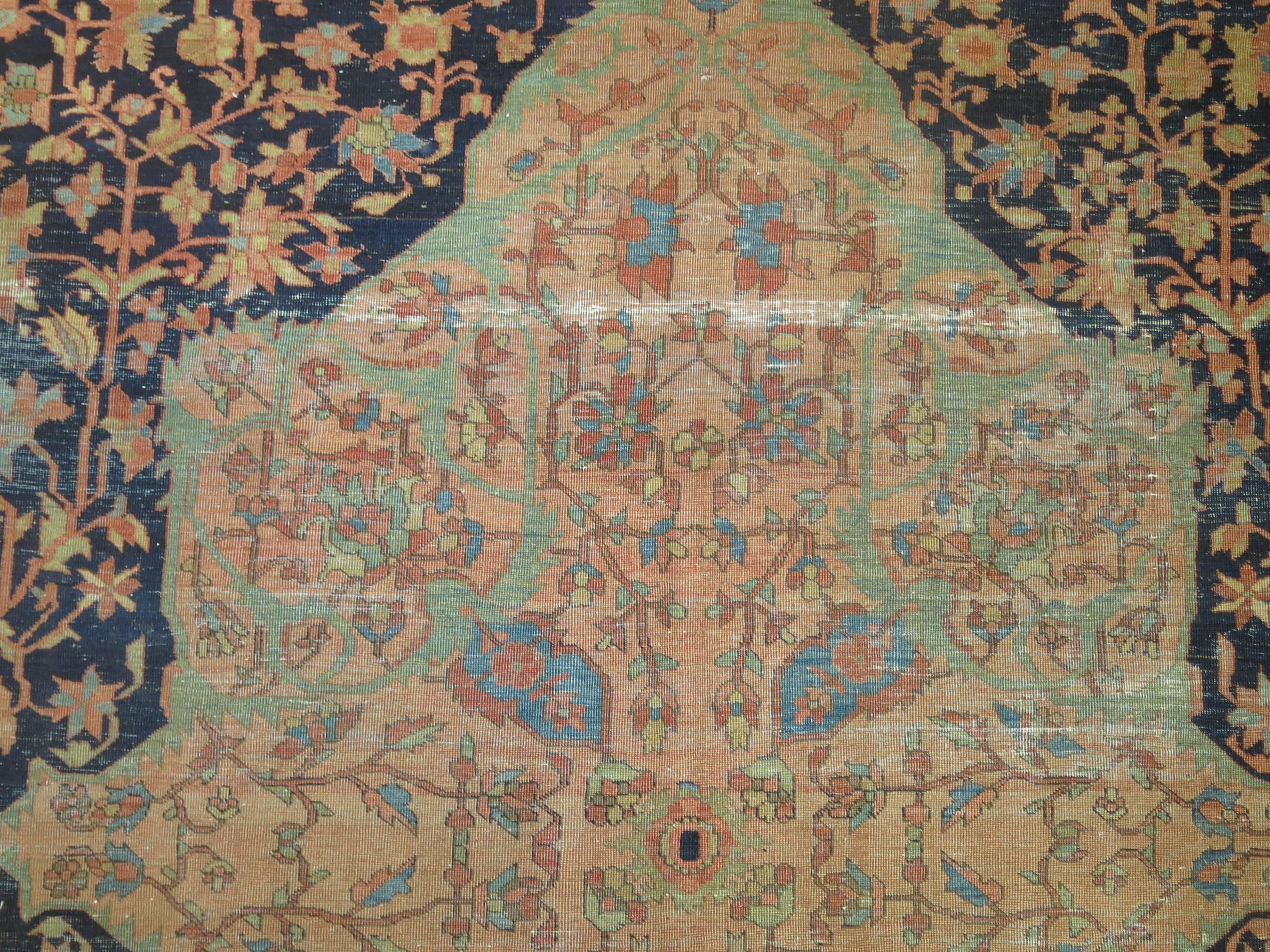 Hand-Knotted Navy Mint Green Terracotta Color Shabby Chic Antique Persian Rug