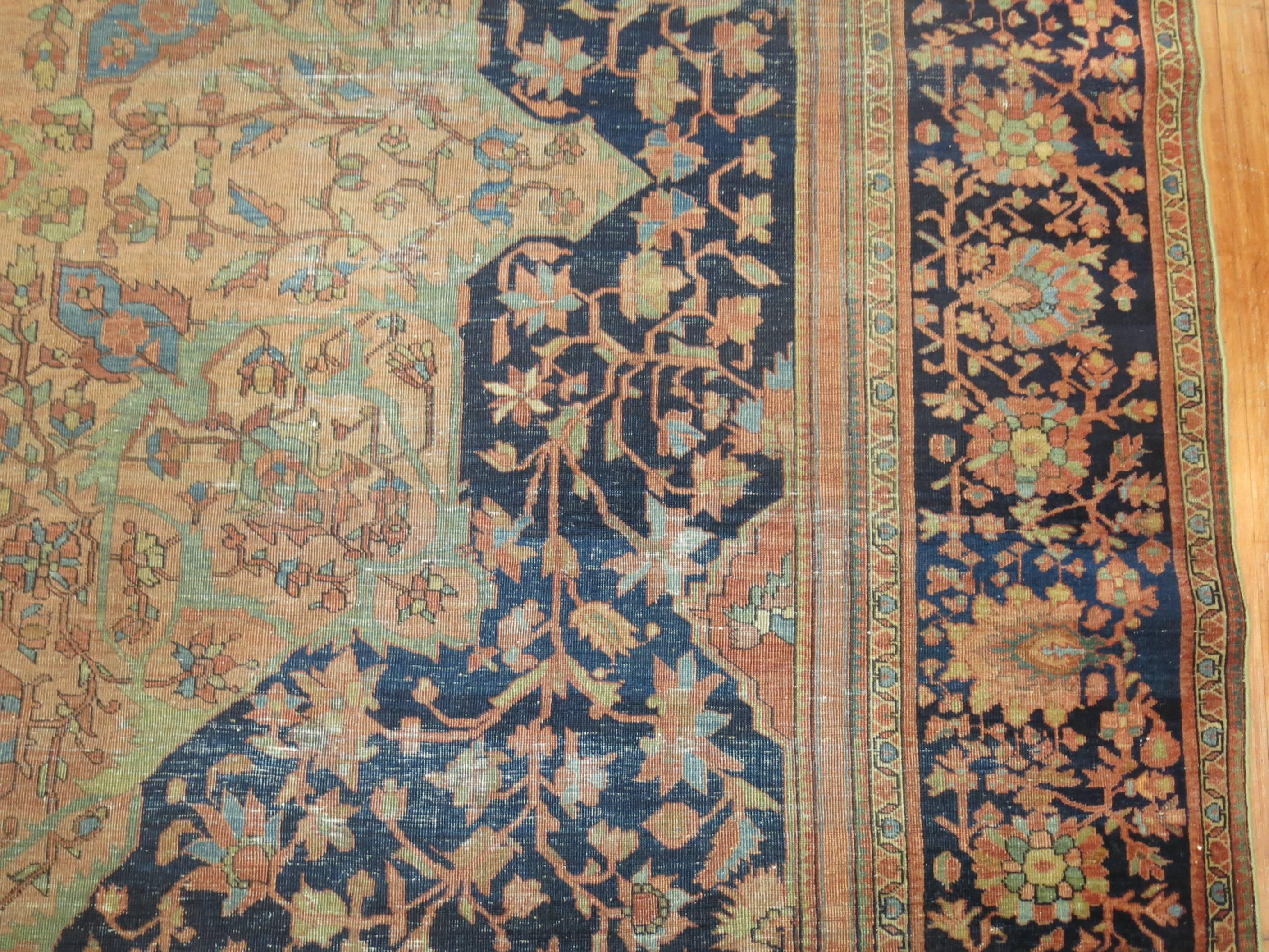 Navy Mint Green Terracotta Color Shabby Chic Antique Persian Rug In Fair Condition In New York, NY