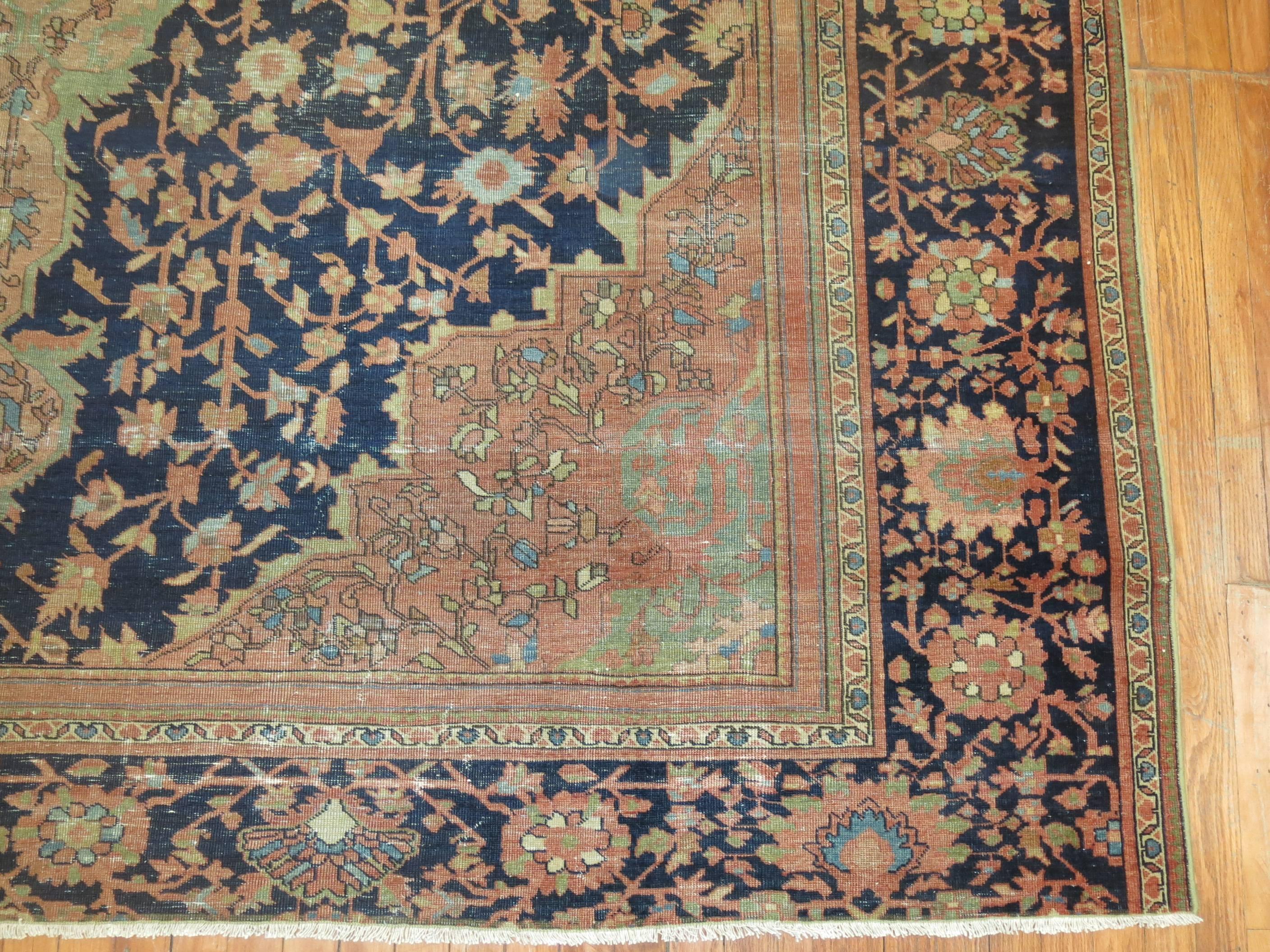20th Century Navy Mint Green Terracotta Color Shabby Chic Antique Persian Rug