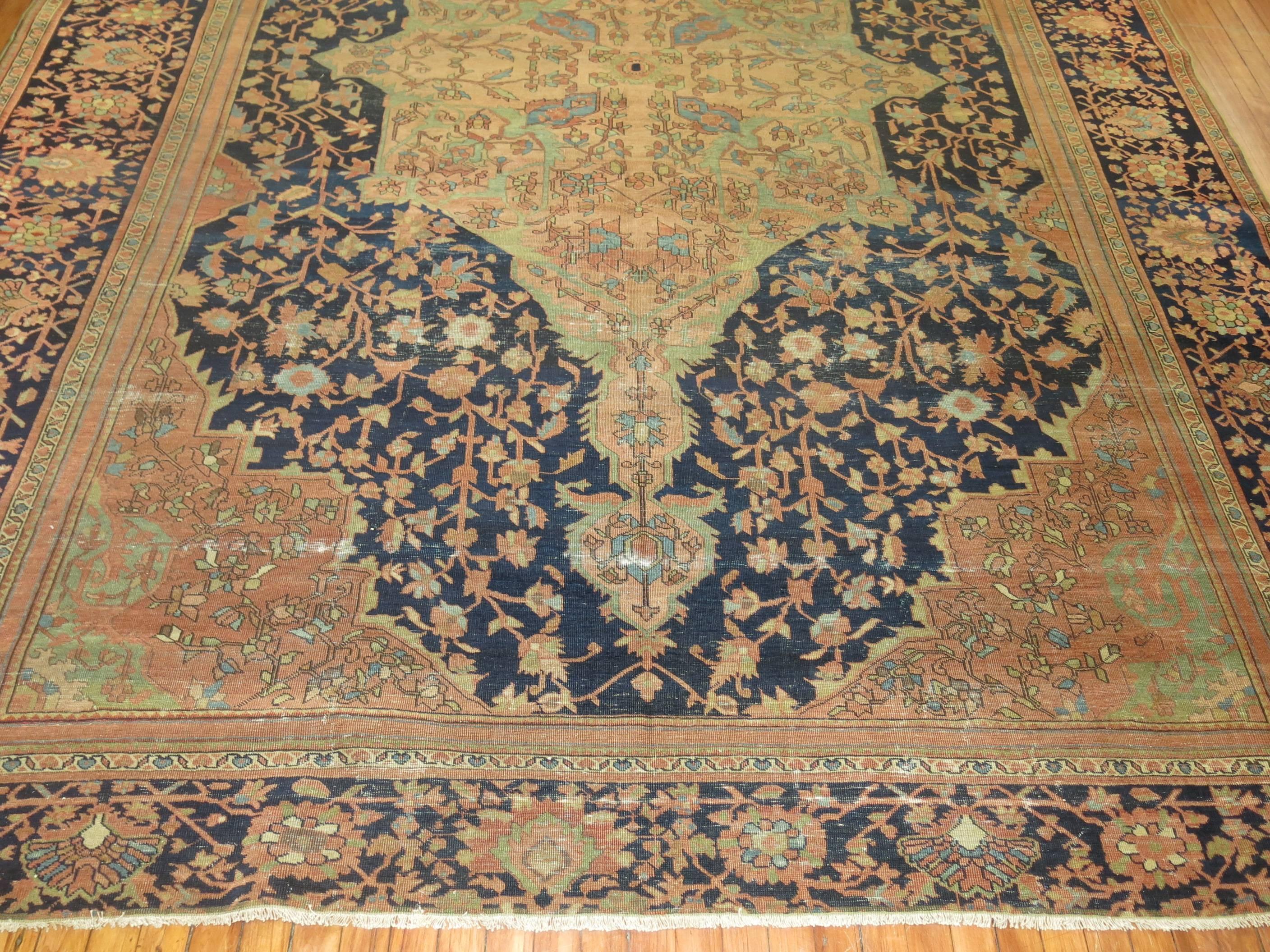 Wool Navy Mint Green Terracotta Color Shabby Chic Antique Persian Rug