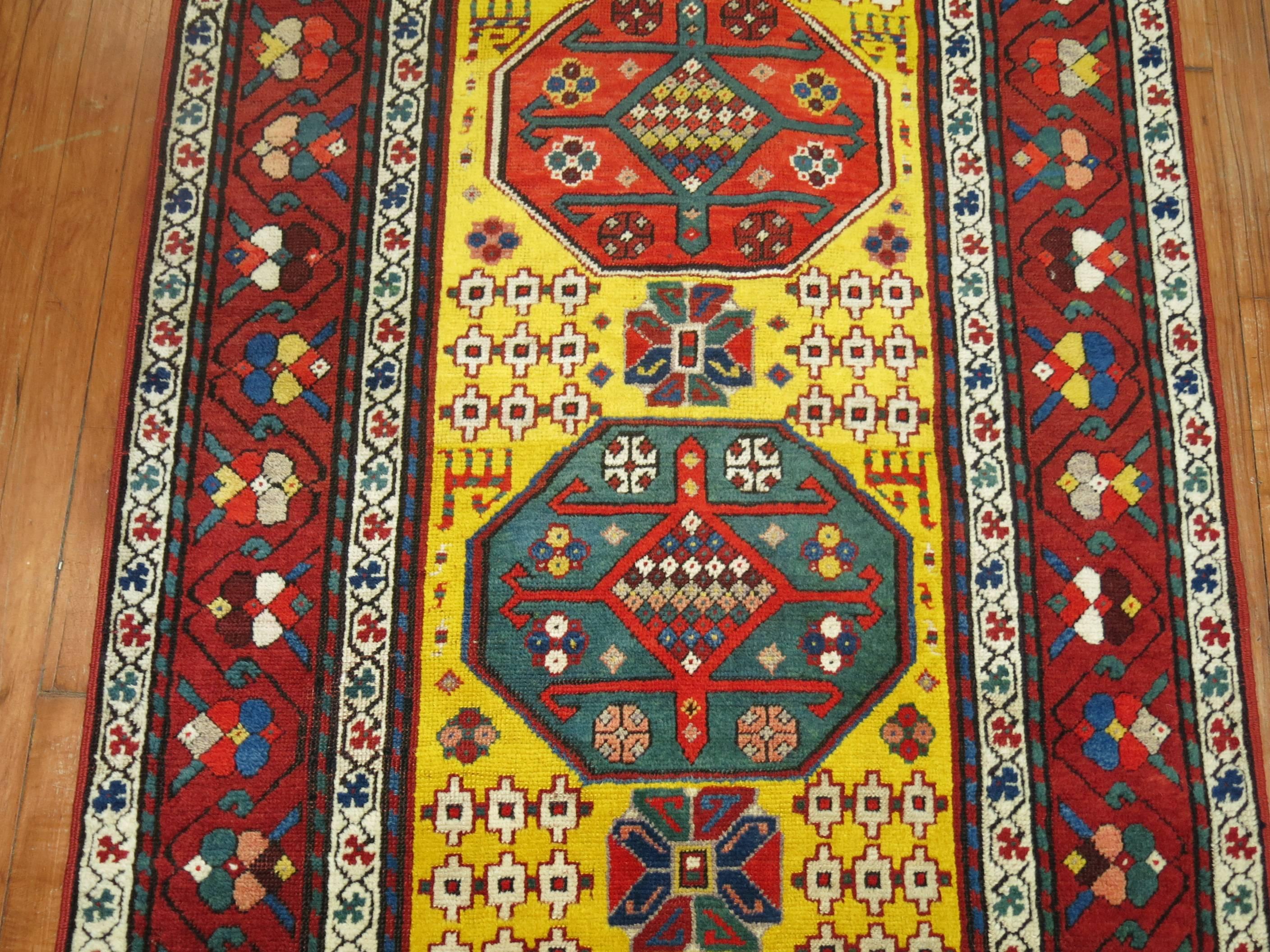 Hand-Woven Sunny Yellow Handwoven Early 20th Century Antique Karabagh Caucasian Runner For Sale