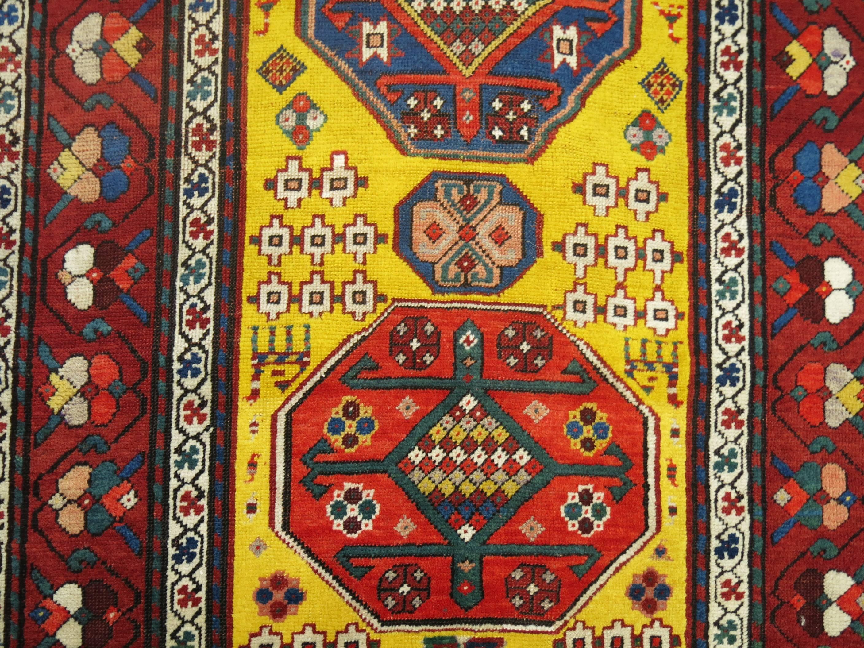 Sunny Yellow Handwoven Early 20th Century Antique Karabagh Caucasian Runner In Excellent Condition For Sale In New York, NY