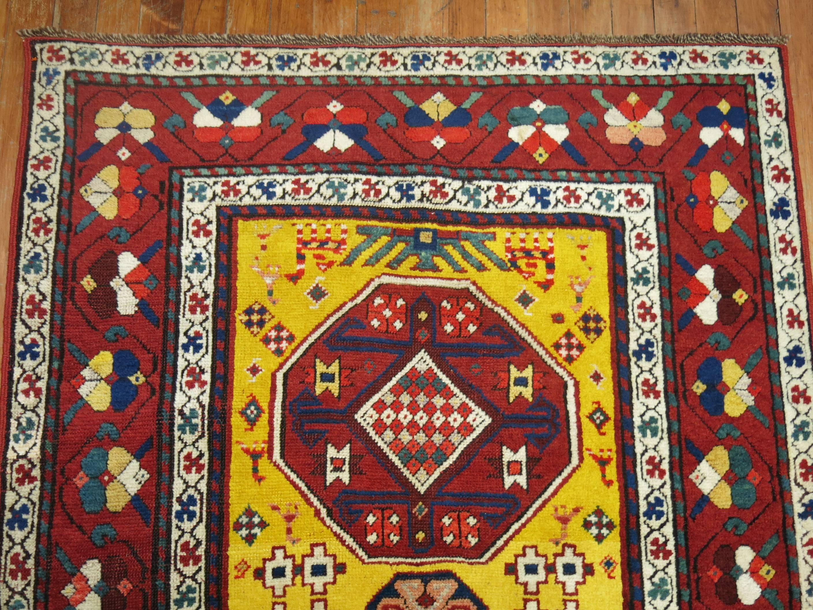 Wool Sunny Yellow Handwoven Early 20th Century Antique Karabagh Caucasian Runner For Sale