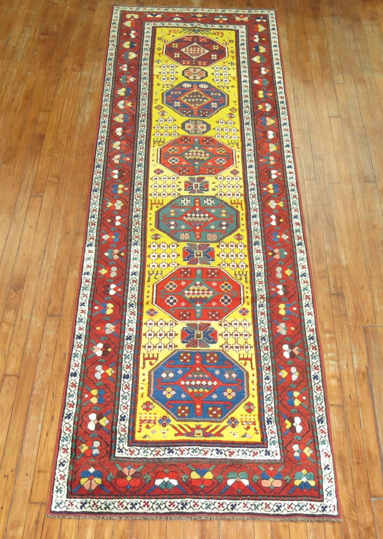 Sunny Yellow Handwoven Early 20th Century Antique Karabagh Caucasian Runner For Sale 2