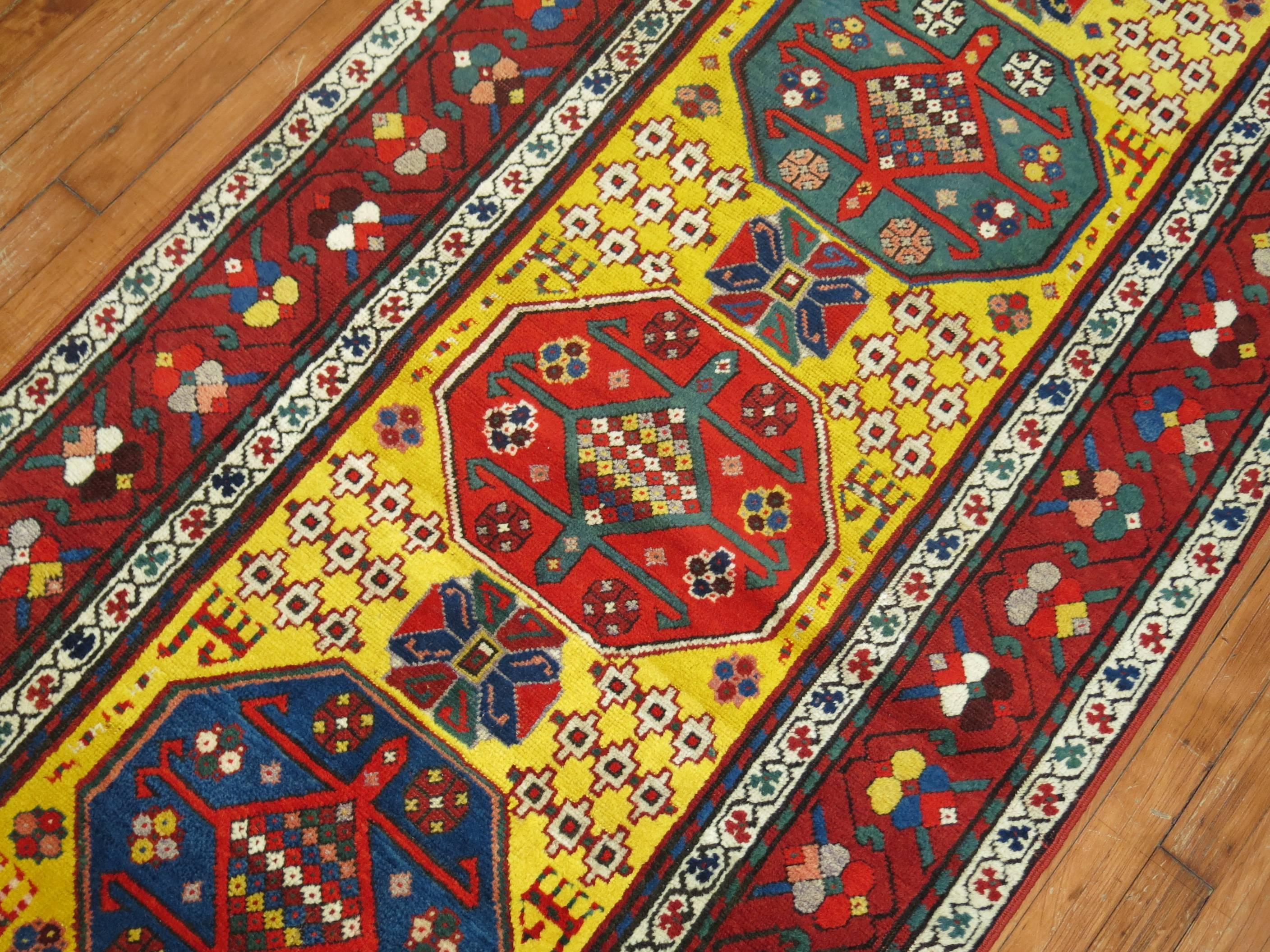 Sunny Yellow Handwoven Early 20th Century Antique Karabagh Caucasian Runner For Sale 3