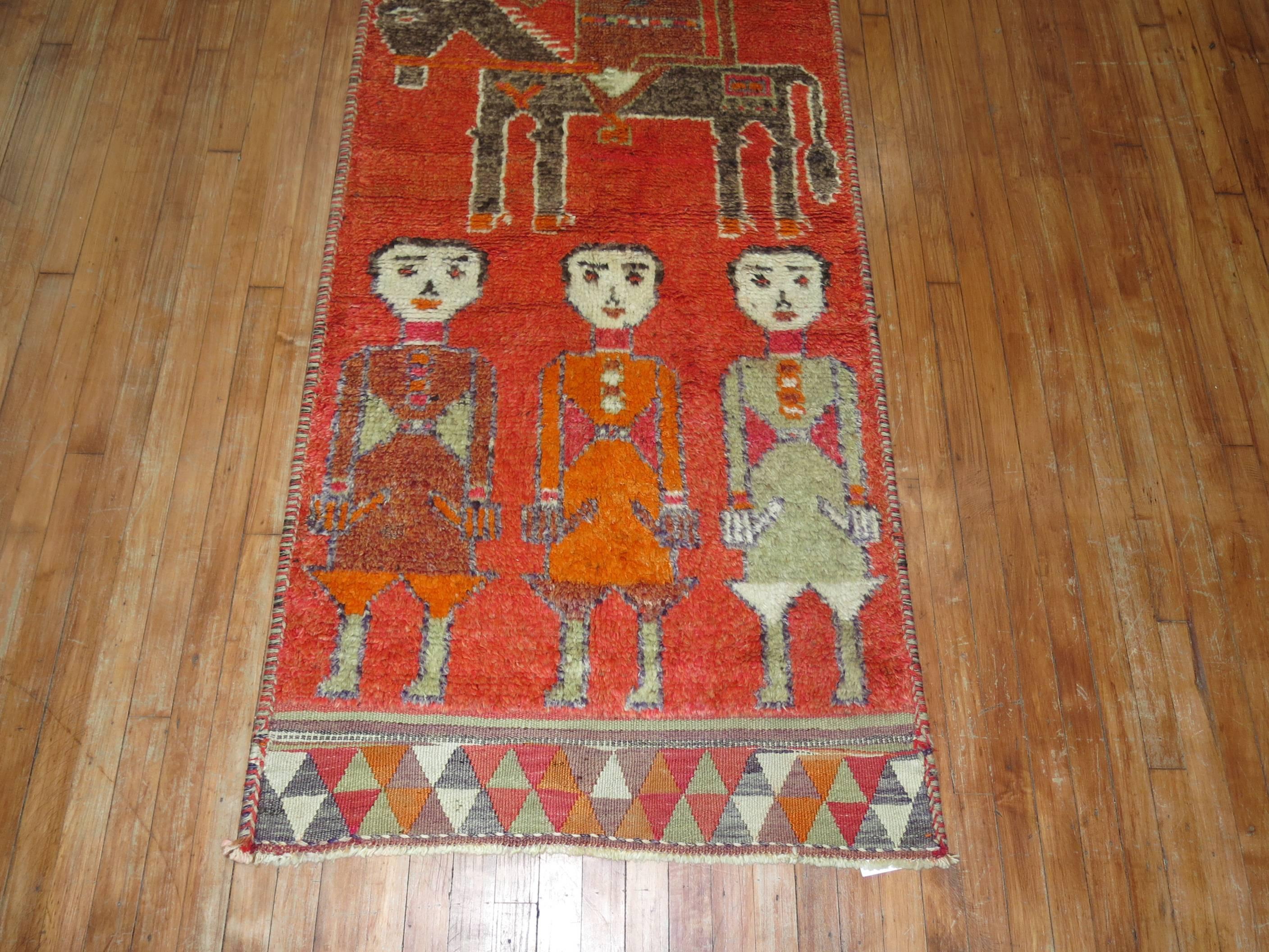 Hand-Woven Zabihi Collection Pictorial Human Horse Vintage South Persian Runner For Sale