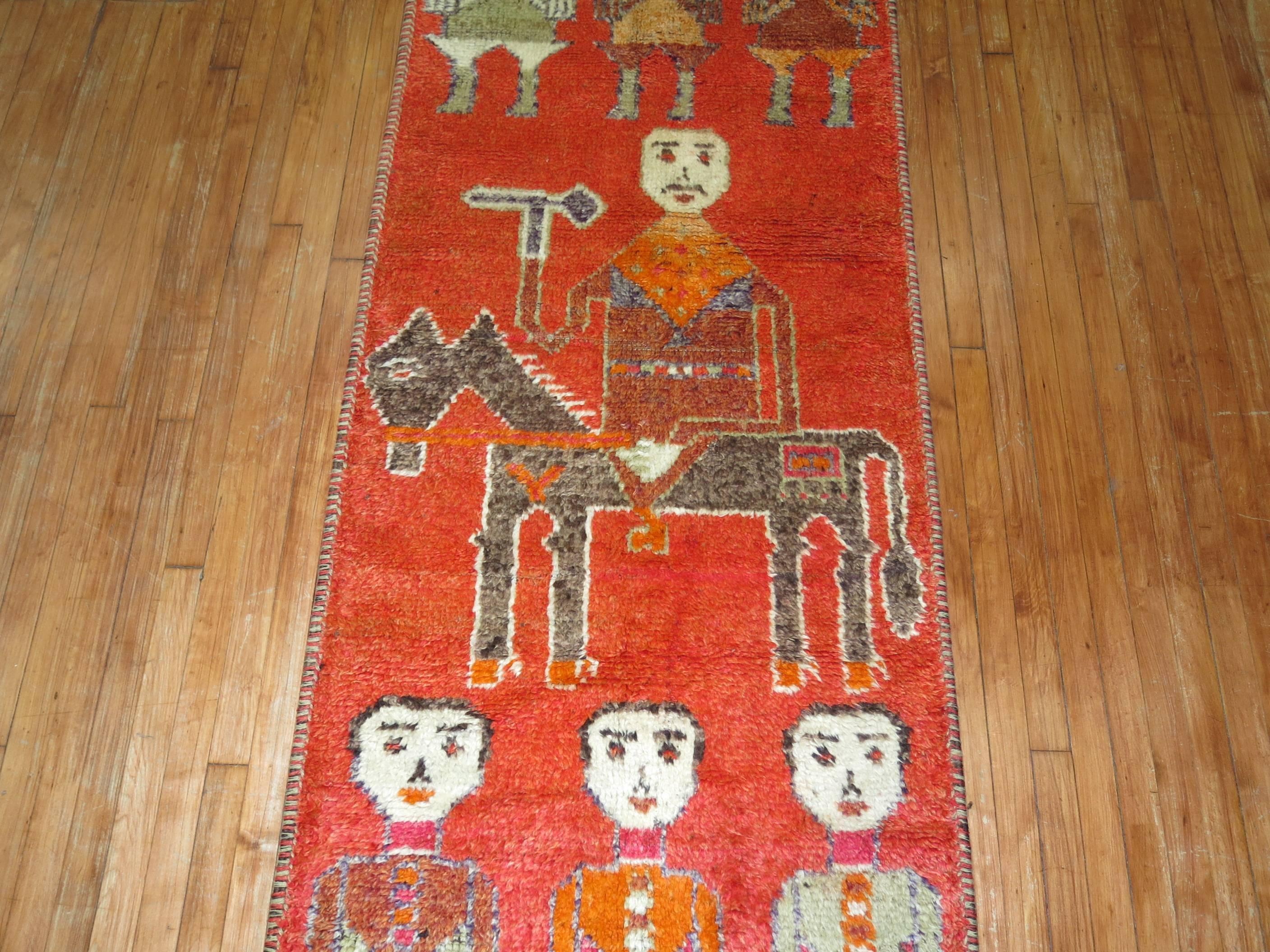 20th Century Zabihi Collection Pictorial Human Horse Vintage South Persian Runner For Sale