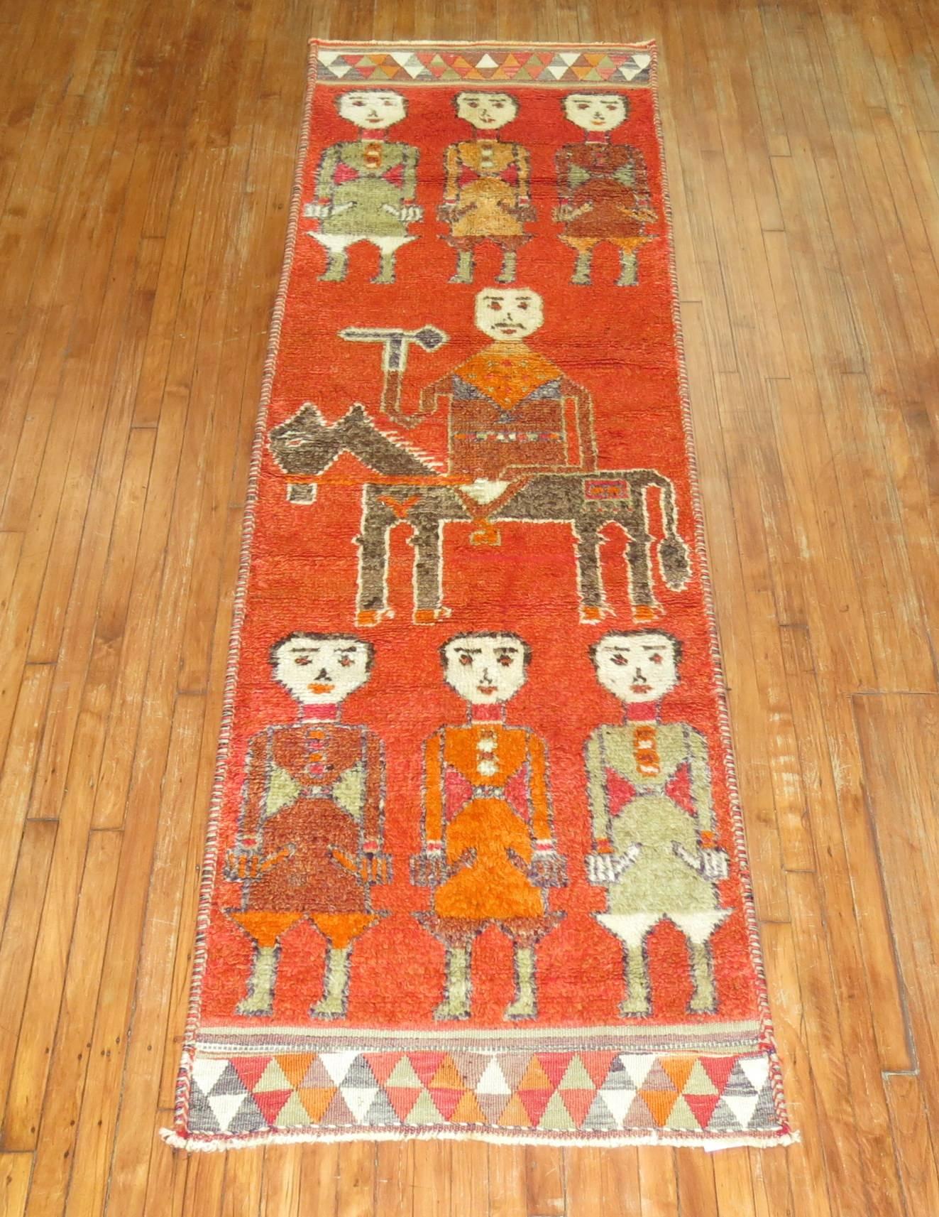 Zabihi Collection Pictorial Human Horse Vintage South Persian Runner For Sale 2