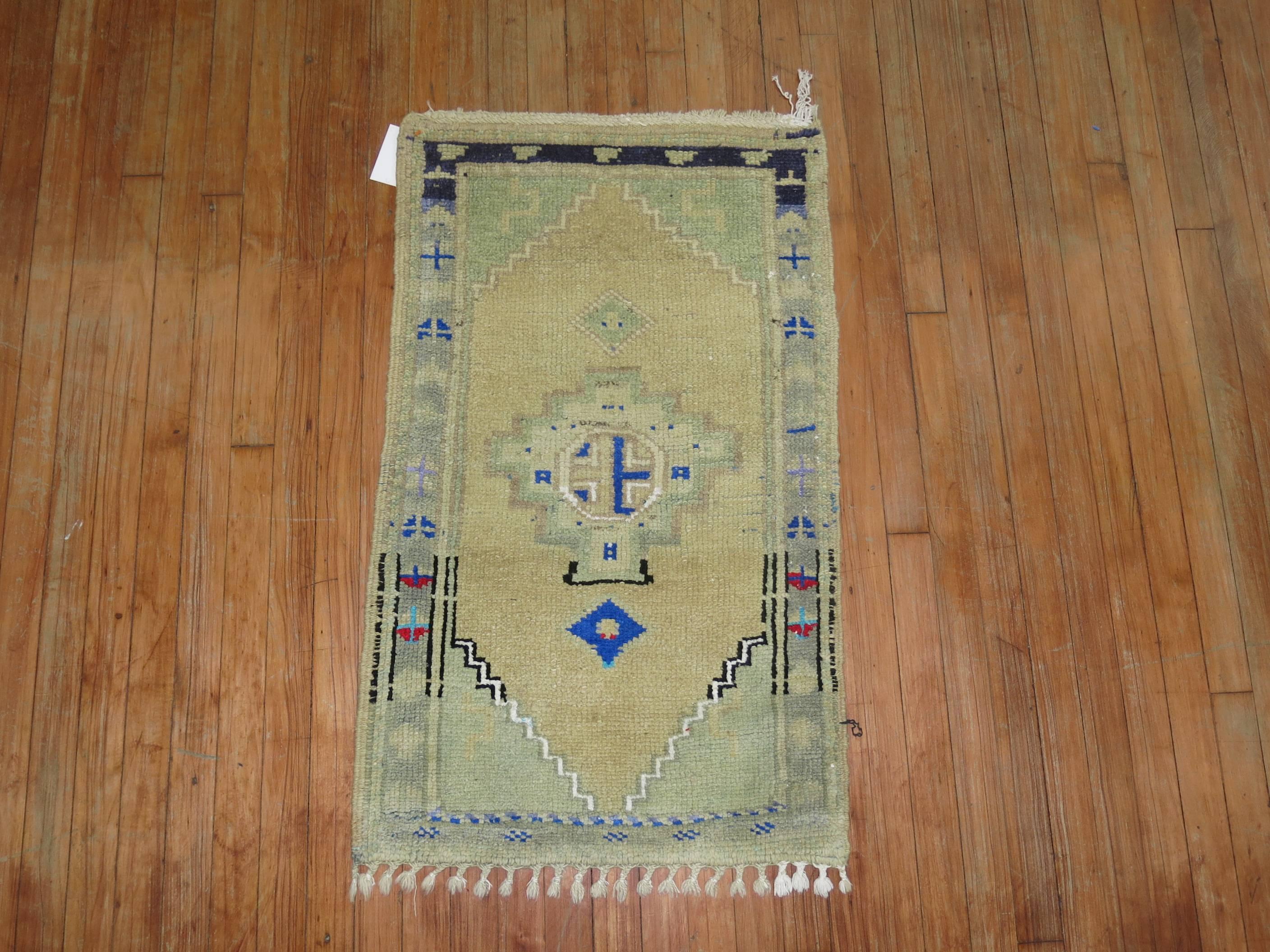 Quirky vintage Turkish Anatolian Rug featuring radiant blue cotton accents.
