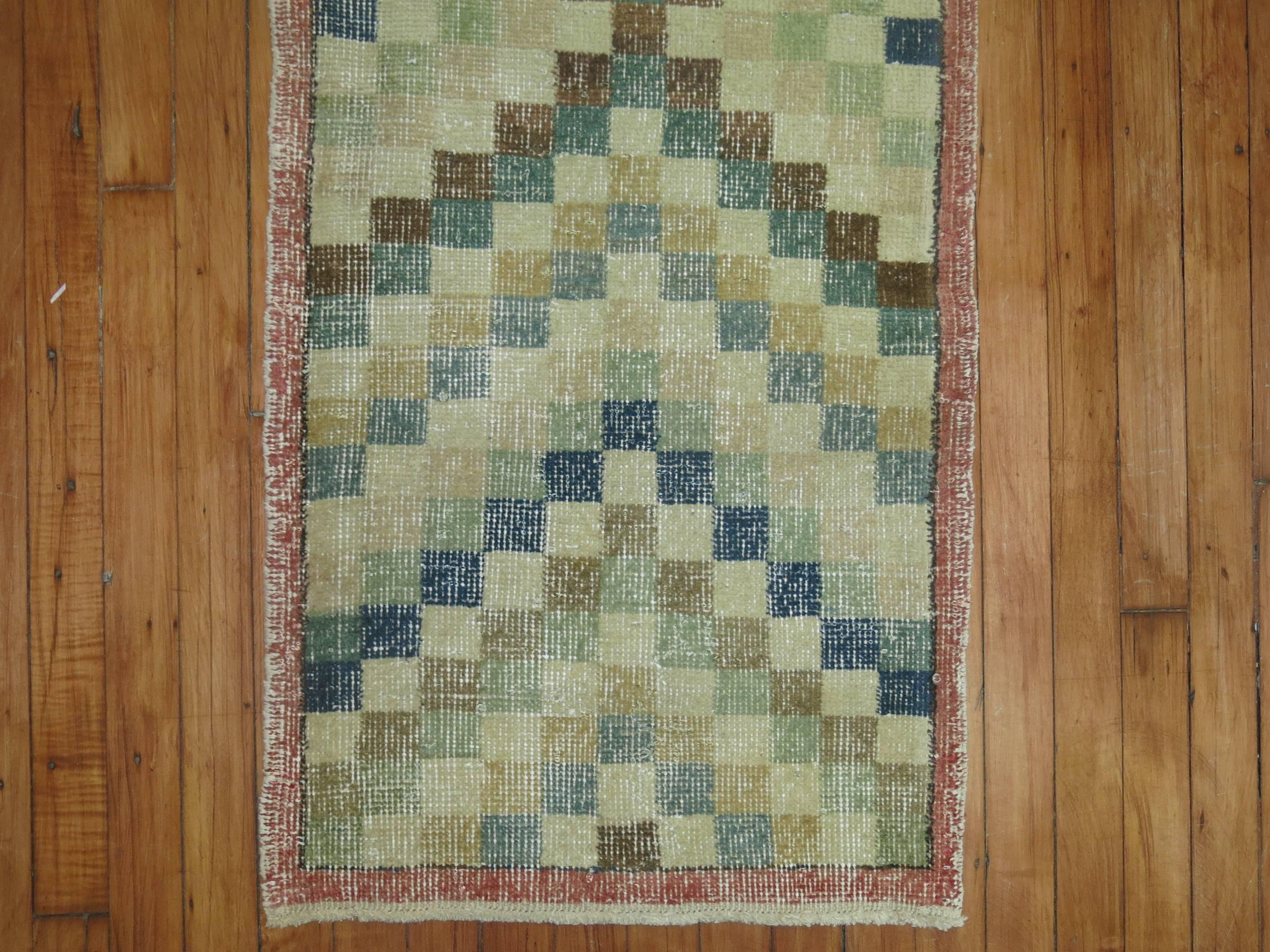 Arts and Crafts Checkerboard Motif Small Turkish Art Deco Runner