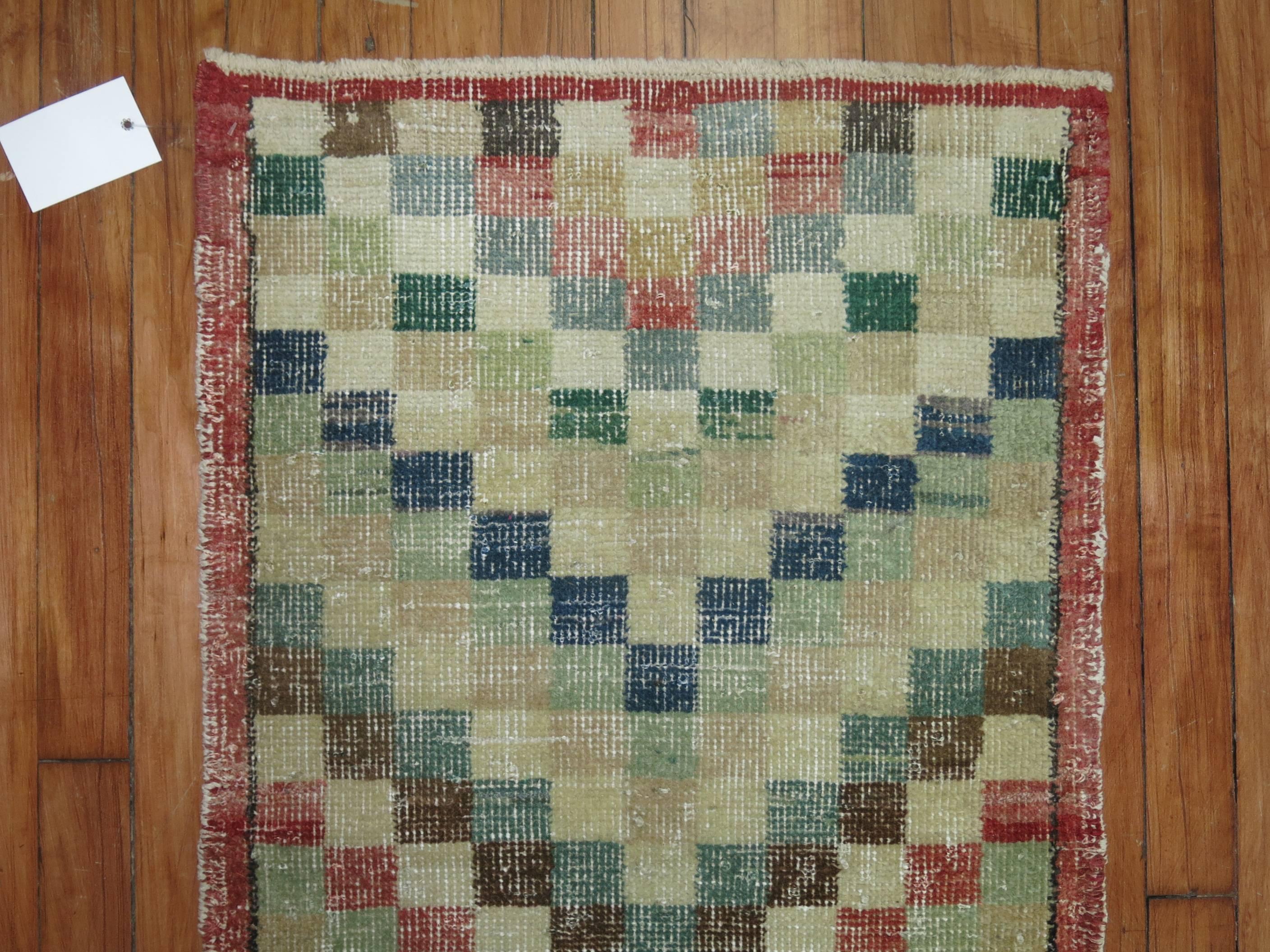 Hand-Knotted Checkerboard Motif Small Turkish Art Deco Runner