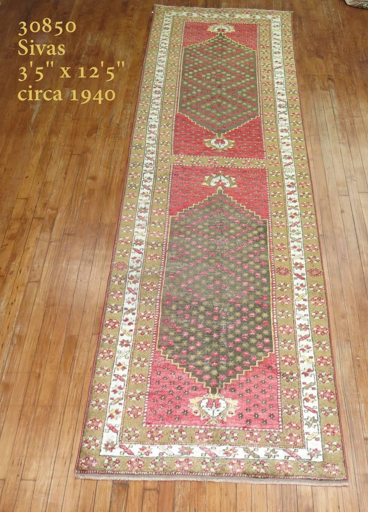 Hand-Knotted Tribal Turkish Sivas Runner For Sale
